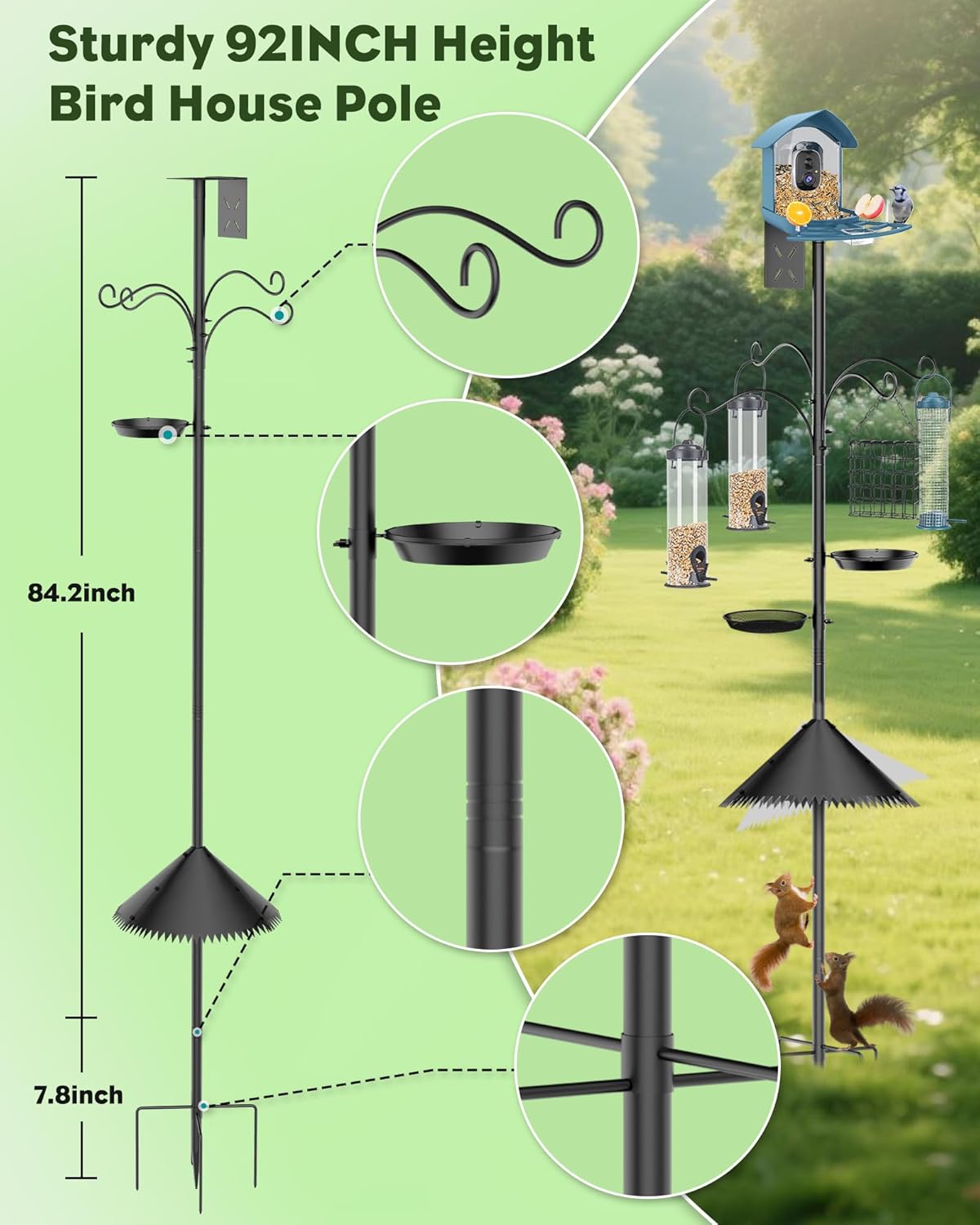 Bird Feeder Pole, 92 inch Bird Feeder Station with Squirrel Proof Baffle,Heavy Duty Pole for Outdoor with 4 Hangers for Wild Birds Watching