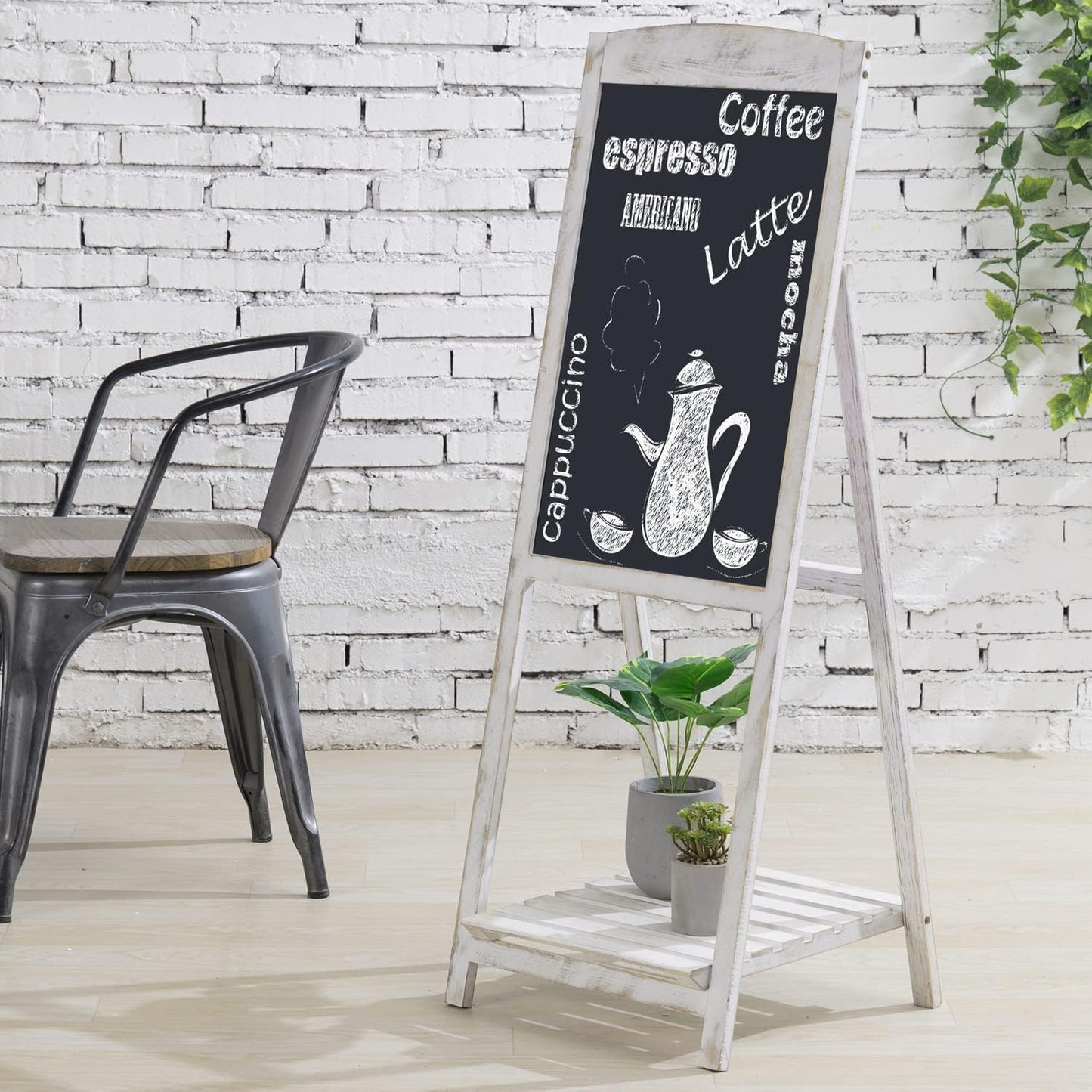 MyGift 45 Inch Tall Vintage White Weathered Paulownia Wood Sidewalk Chalkboard Sign with Plant Shelf Stand, Freestanding A-Frame Easel Erasable Message Board