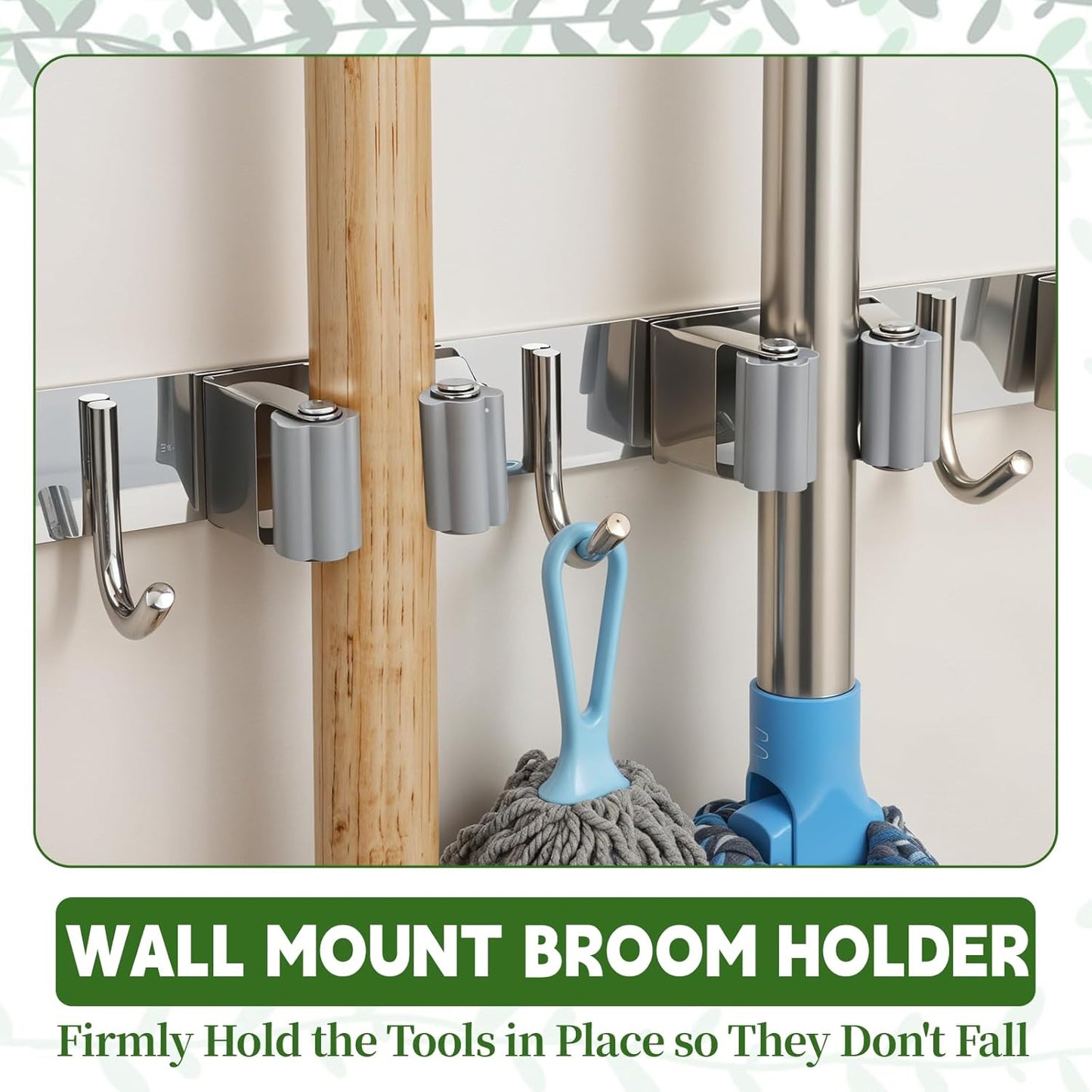 2 Pack Wall Mount Broom Holder, Self Adhesive 5 Racks and 4 Hooks Mop and Broom Organizer Storage Tool Racks Stainless Steel Heavy Duty for Home Kitchen Garden Laundry Garage