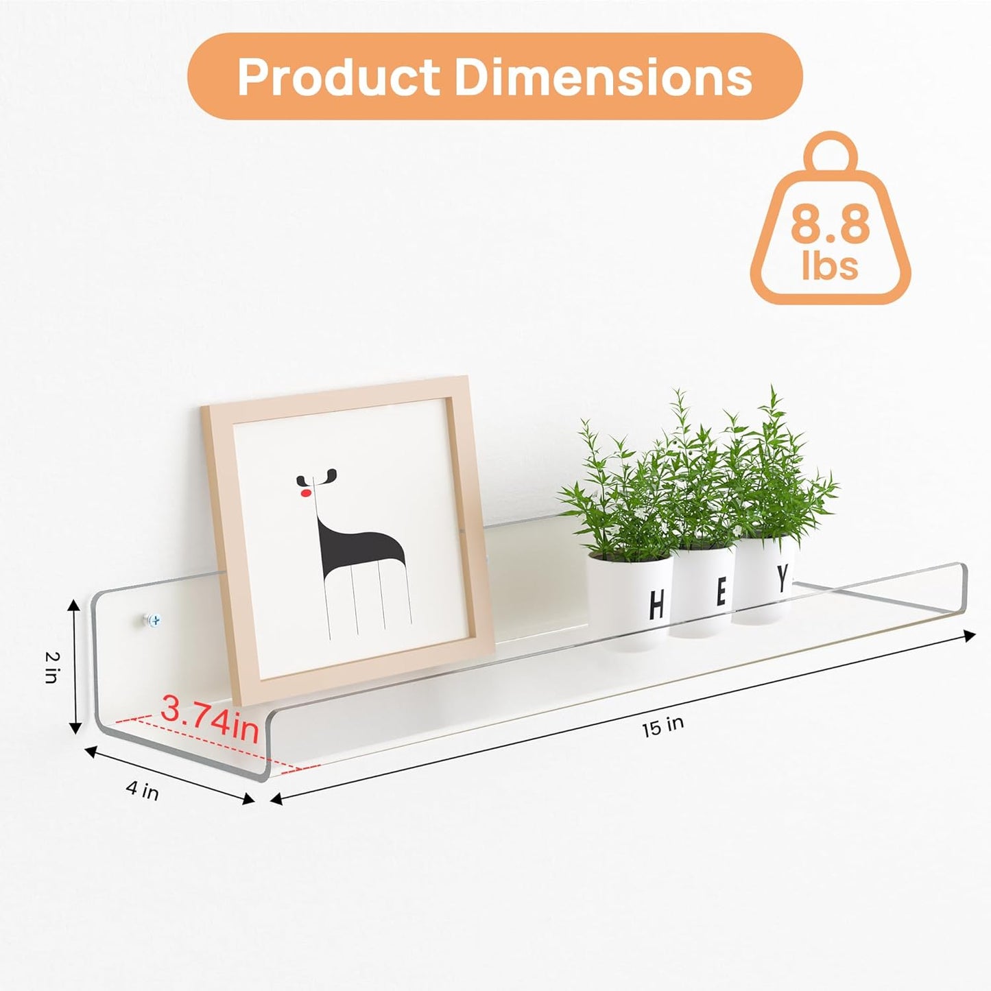 upsimples 6 Pack Acrylic Shelves for Wall Storage, 15" x 4“ Floating B