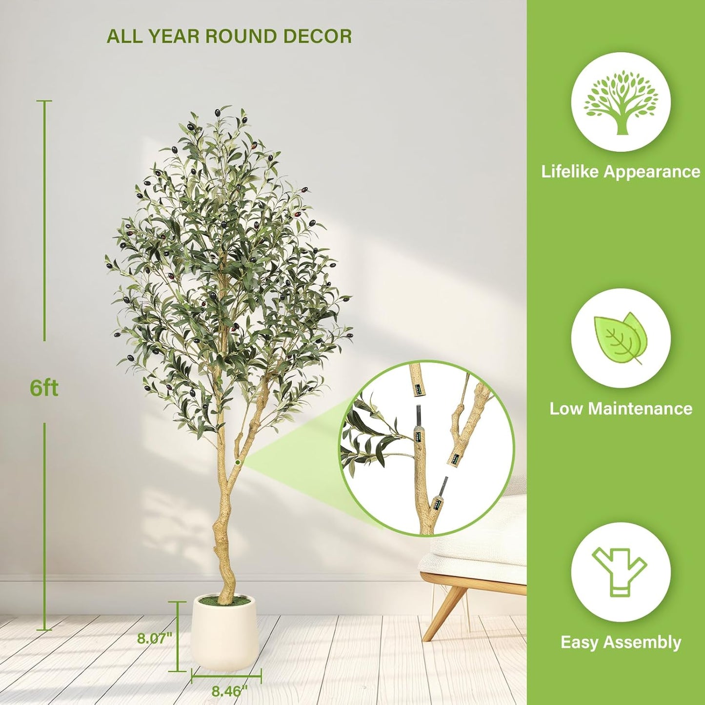 Olive Trees Artificial Indoor 6FT with Planter - Tall Potted Faux Olive Tree, Artificial Plant with Natural Looking Trunk and Lifelike Fruits for Home Office Decor, Weighted Base