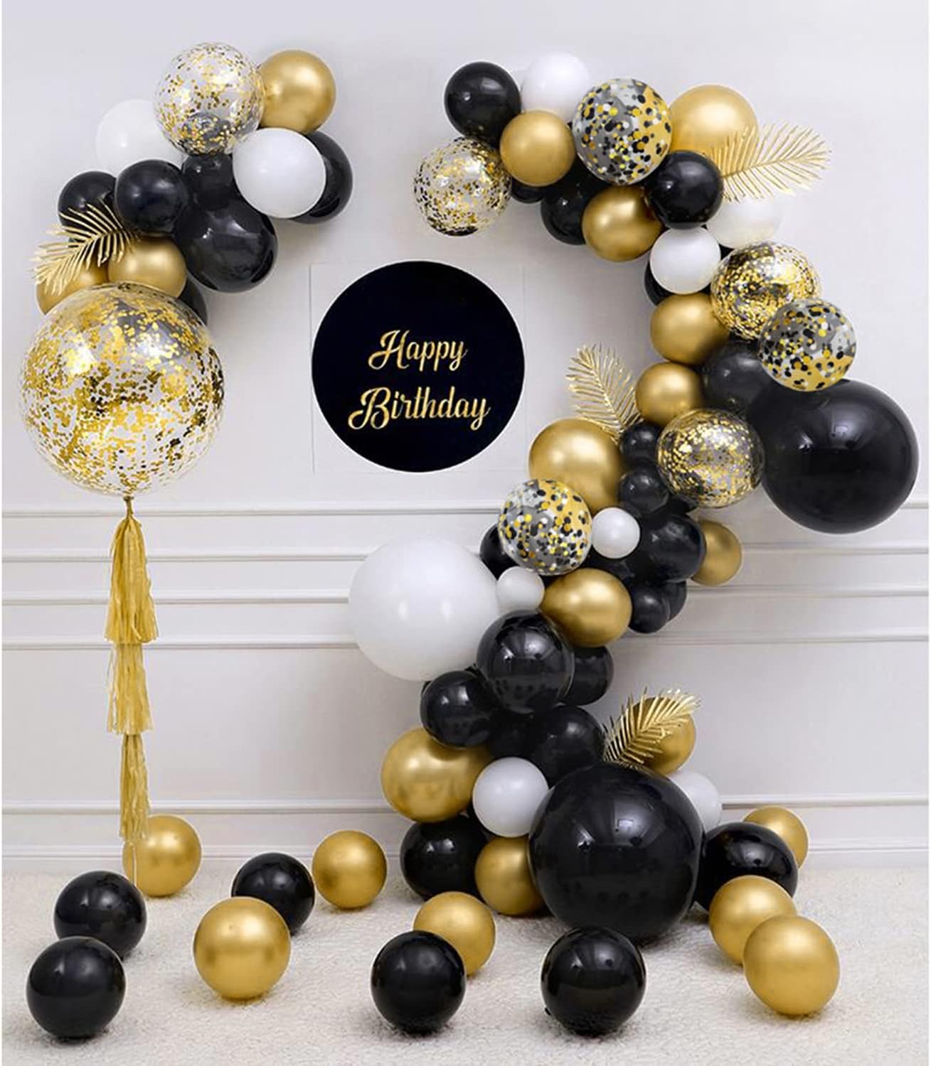 Zesliwy Black Gold Confetti Balloons 50 pack - 12 Inch Gold White and Black Confetti Balloons with Ribbons for Graduation Birthday Wedding Party Decorations