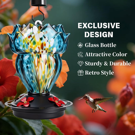 Lotus Shaped Hummingbird Feeder for Outdoors, Hand Blown Glass Hummingbird Feeders for Outdoors Hanging with 4 Feeding Ports, Leak-Proof Bird Feeder- Garden Decor Gifts for Women(Blue)
