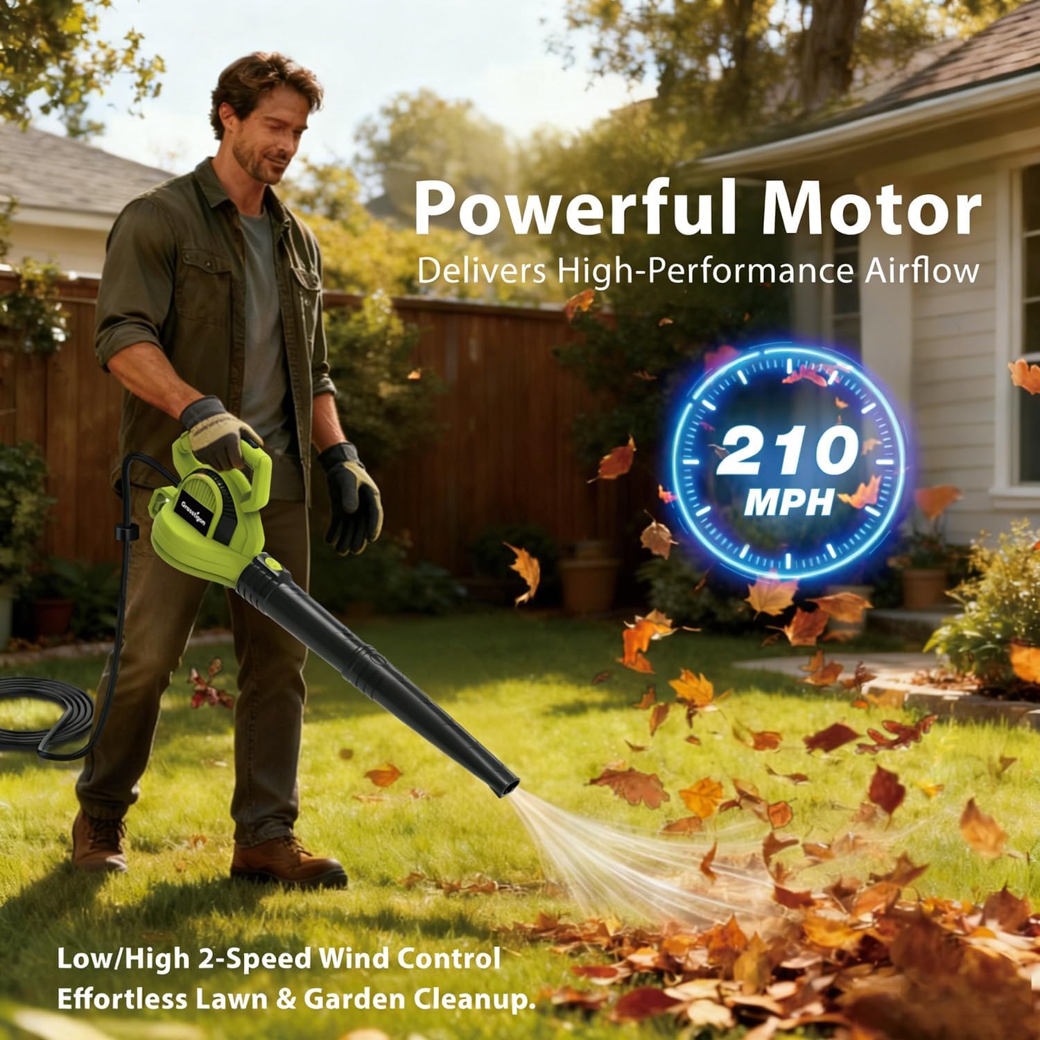 Electric Leaf Blower Corded, 7-Amp, 390CFM/ 210MPH, 2 Speed Modes, Pow