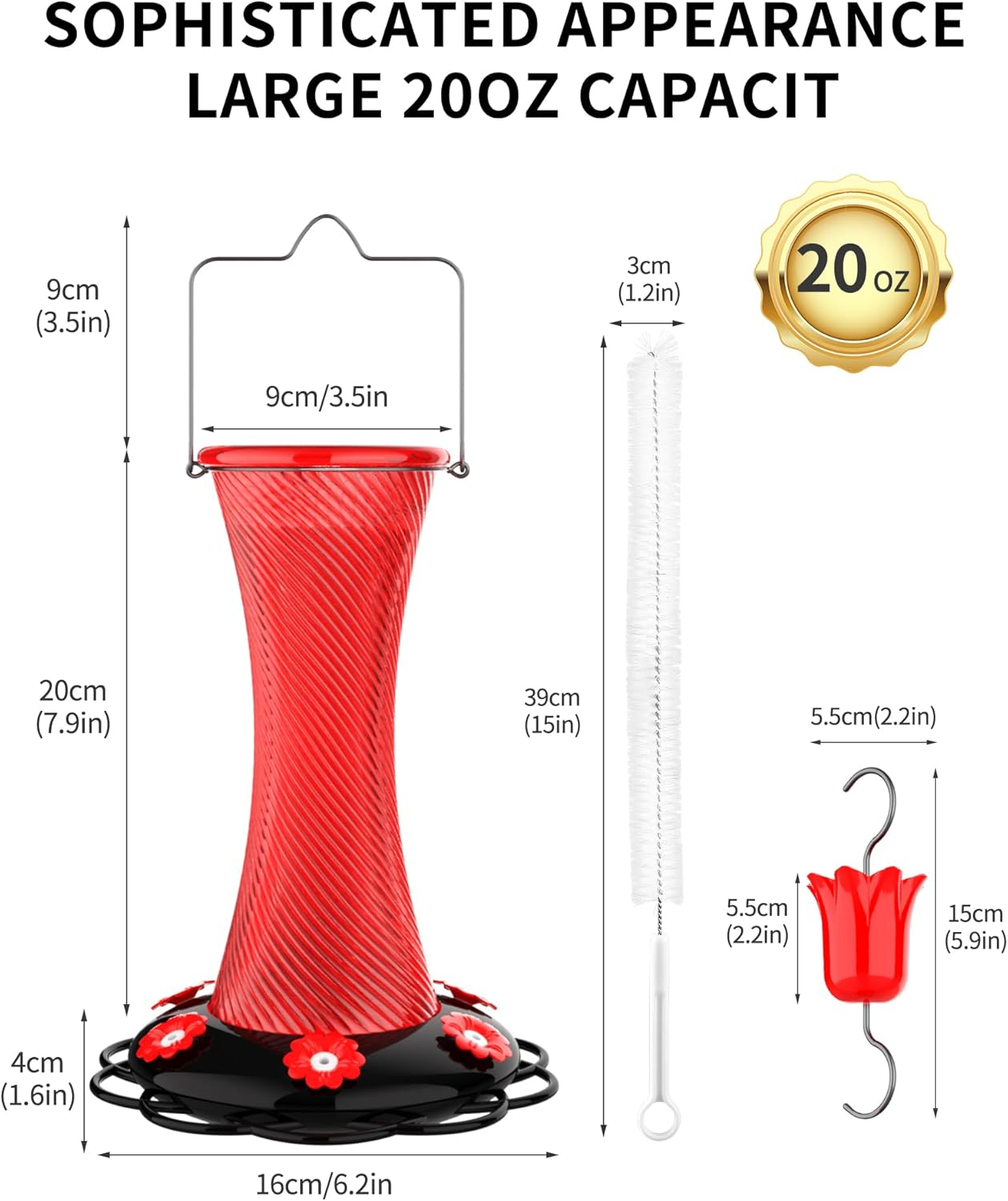 Hanging 20oz Glass Hummingbird Feeder with Moat, Small Outdoor Plastic