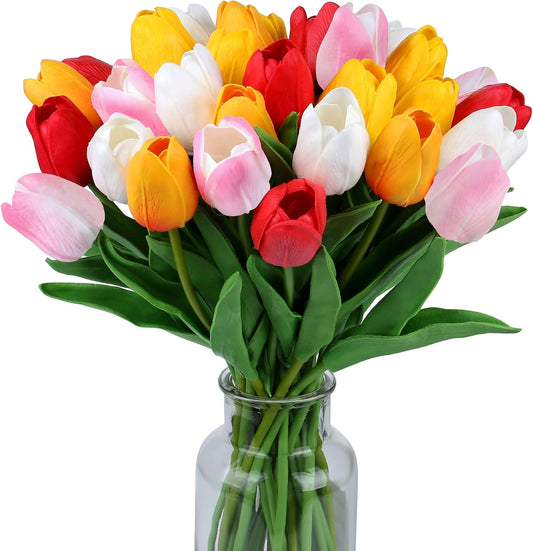 SITUMEIZI Fake Flowers Tulips Artificial Flower 15pcs Real Touch PU 14" for Spring Easter Home Kitchen Wedding Bouquet Bulk Mother's Gift Day Decorations(Assorted Colors,5)