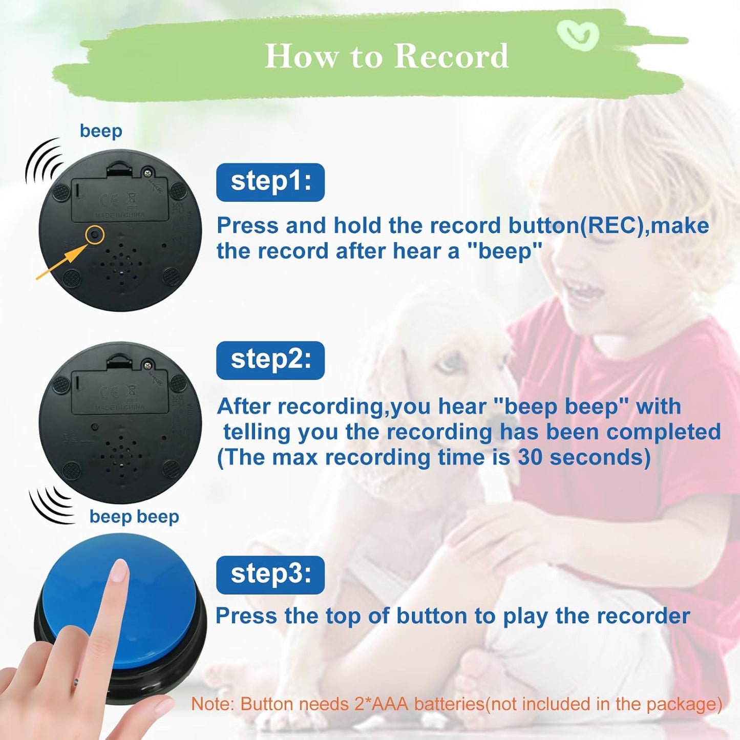 Set of 4 Dog Buttons for Communication, Voice Recordable Buttons for C