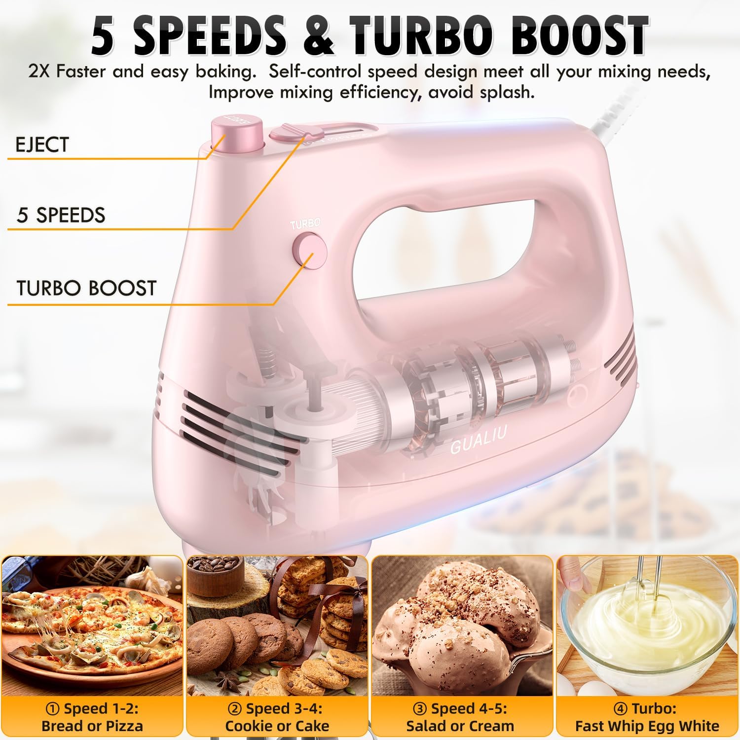 Electric Hand Mixer with Stainless Steel Whisk, Dough Hook Attachment 