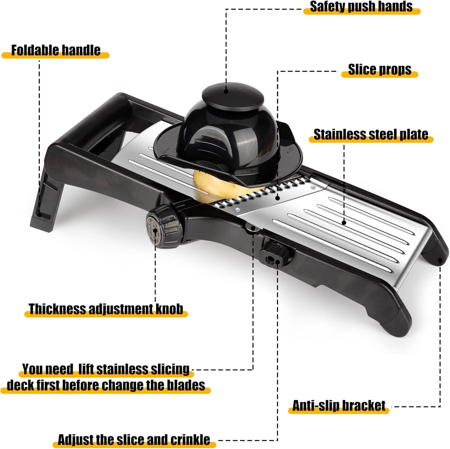 Mandoline Food slicer for kitchen, Adjustable Stainless Steel Mandoline Vegetable slicer, Food slicer Onion Potato Chip French Fry, 7 in-1 Adjustable Blade, Including 1 Pair of Gloves