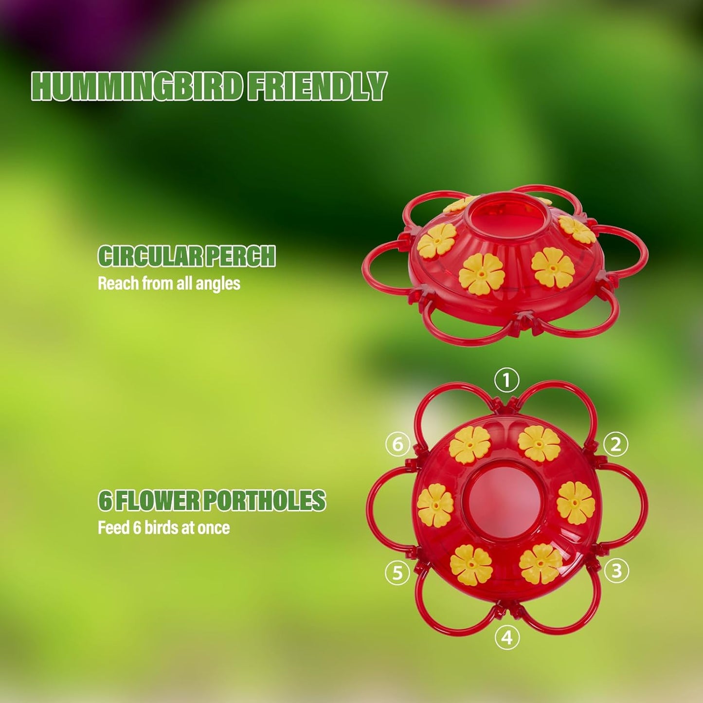 Backyard Expressions Hummingbird Feeder Set of 2 – Large 20 Oz Plastic Feeders for Outdoors with 6 Flower Ports, Built-in Ant Moat & Bee Guards, Wide Mouth Easy Fill, 2-Part Base for Fast Cleaning