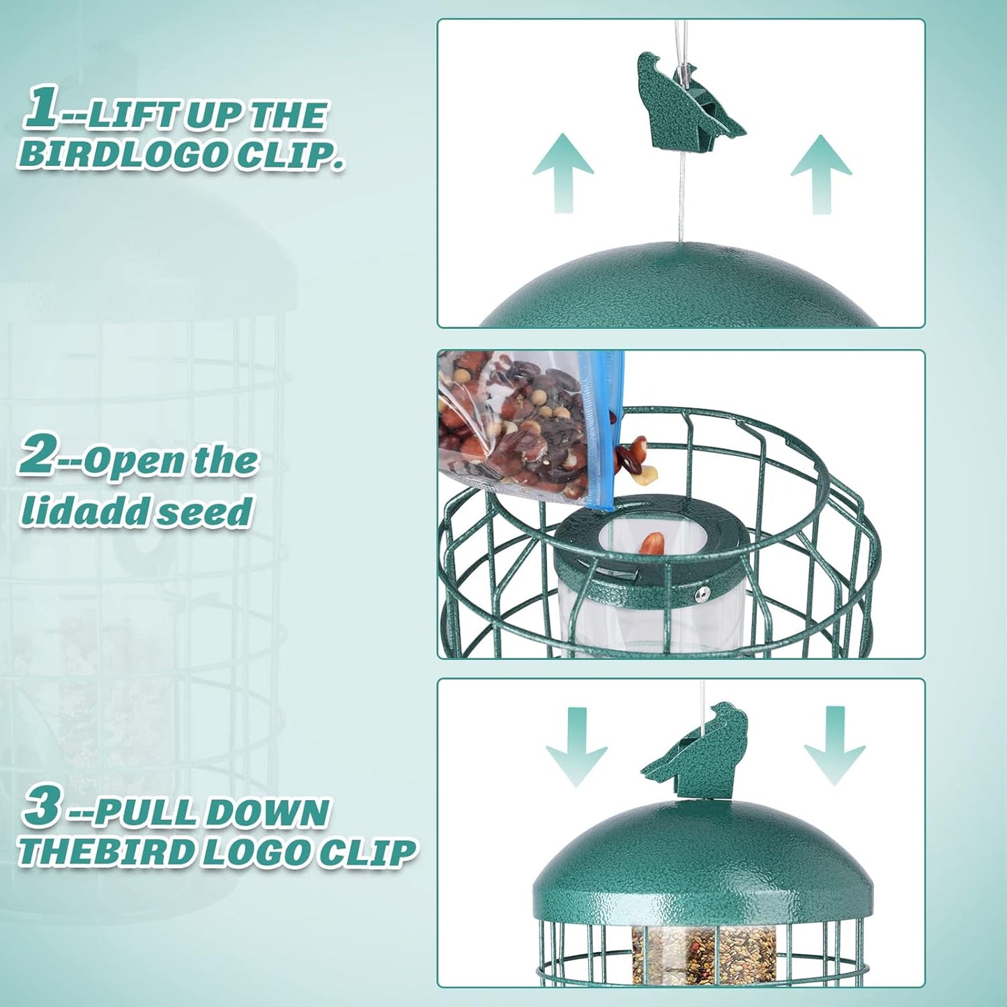 Yinns Caged Bird Feeder for Outside, Large Squirrel Proof Metal Bird Feeders 3 Lbs, Wild Bird Feeder Hanging Outdoors Tube Feeders with 4-Ports, Waterproof (Green)