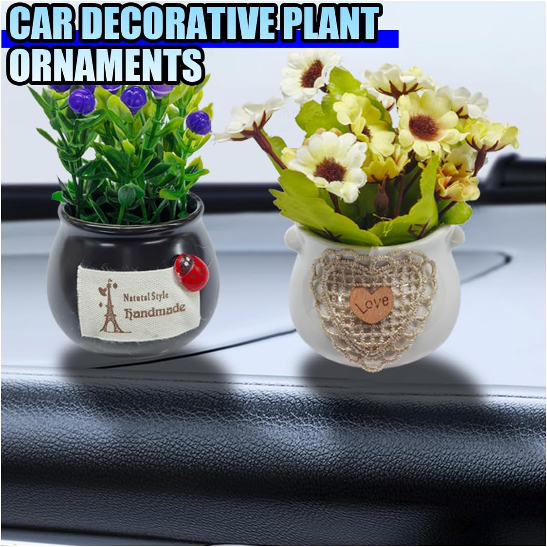 2PCS Cute Flower Bouquet in Pottery Vase Car Dashboard Ornament for Women Interior Aesthetic, Miniature Artificial Plant Car Center Console&Dashboard Decoration for Home Office (Purple/Beige)
