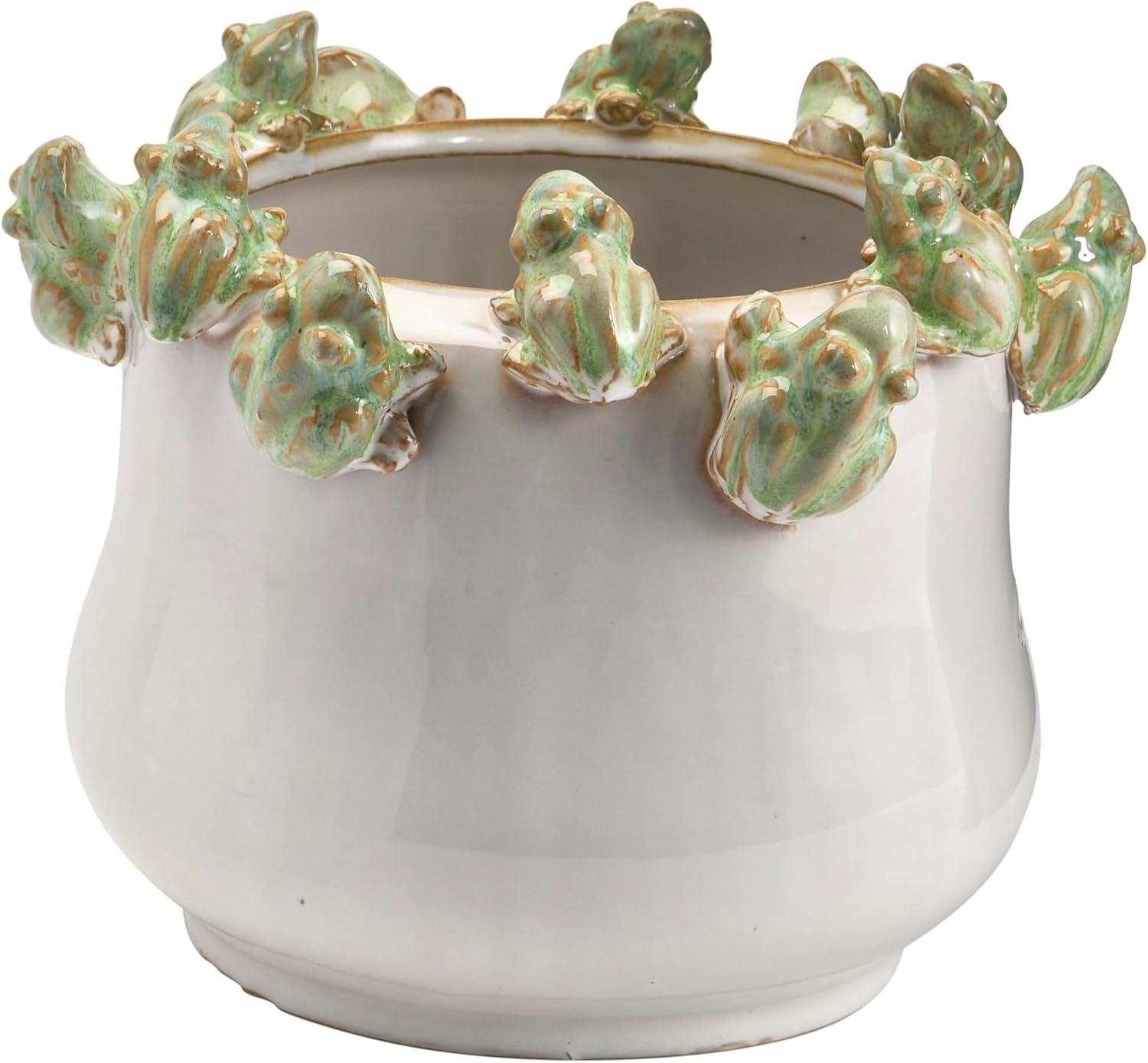 Creative Co-Op Stoneware Planter with Frogs on Rim and Reactive Glaze,