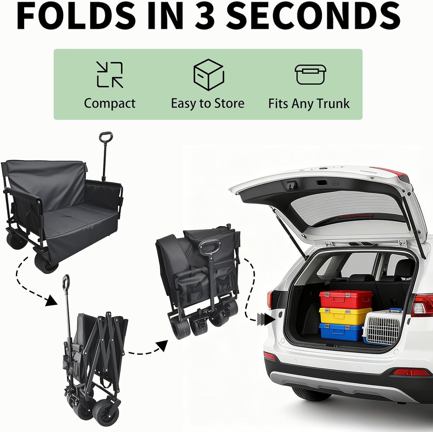 Collapsible Folding Wagon, Foldable Beach Wagon Cart with 300L Storage Collapsible 330LBS Folding Cart Adjustable Handle, Outdoor Utility Wagon for Groceries, Camping, Sports, Shopping(Black)