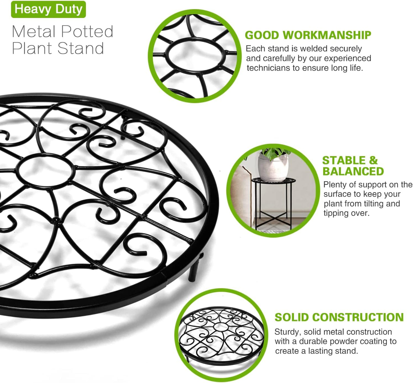 15" Tall Metal Plant Stand, 2 Pack 11" Wide Round Plant Stand for Flow