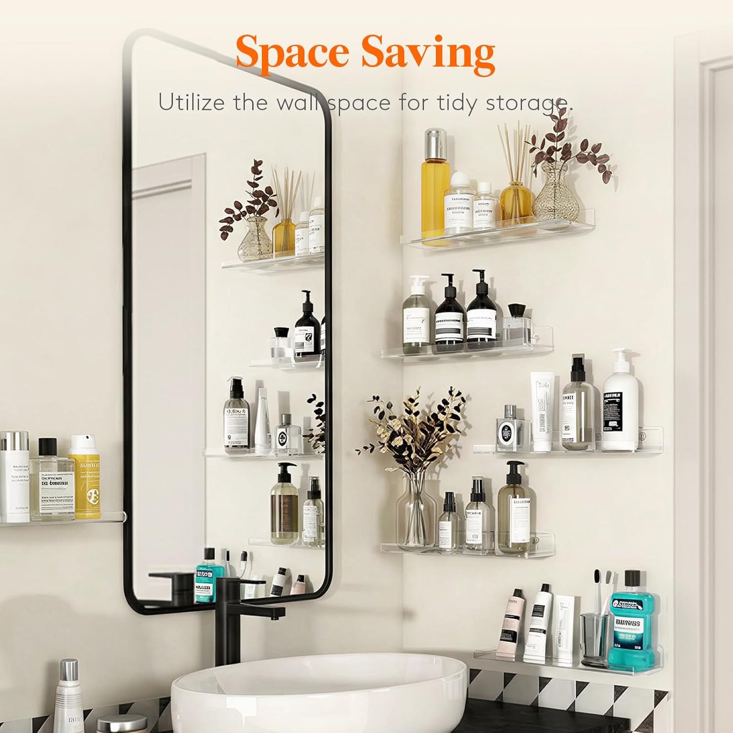 Lifewit Floating Shelves for Bathroom, 14" Clear Wall Organizer for Makeup, Perfume, Figures, Photo, Decor Shelf for Nursery, Living Room, Bedroom, Kitchen, Over Toilet Storage Rack, Clear, 4 Pack