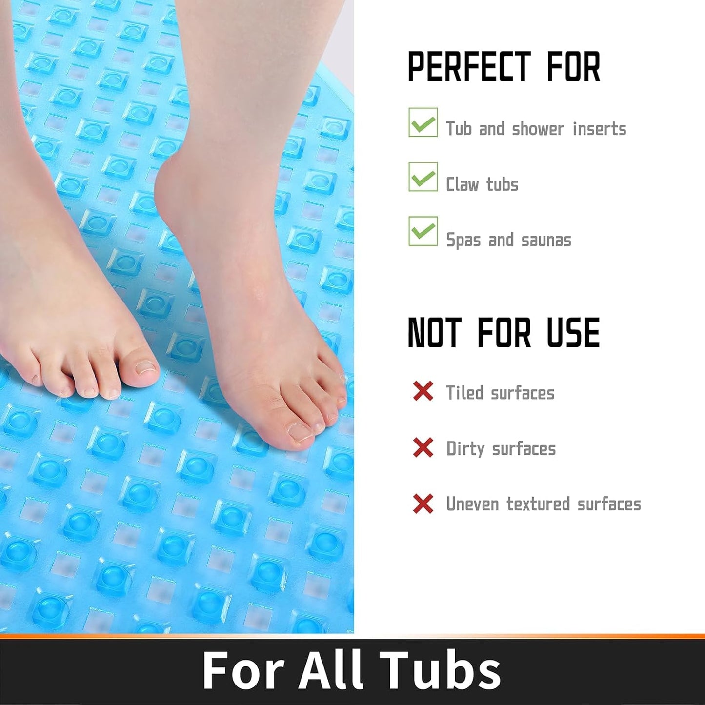 Yimobra Non Slip Bath Mat, Super Strong Suction Cups,34.5"x15.5"Long Tub Mat with Drain Holes, Machine Washable Fast Draining Shower Mats, Bathroom Essentials,Clear Blue