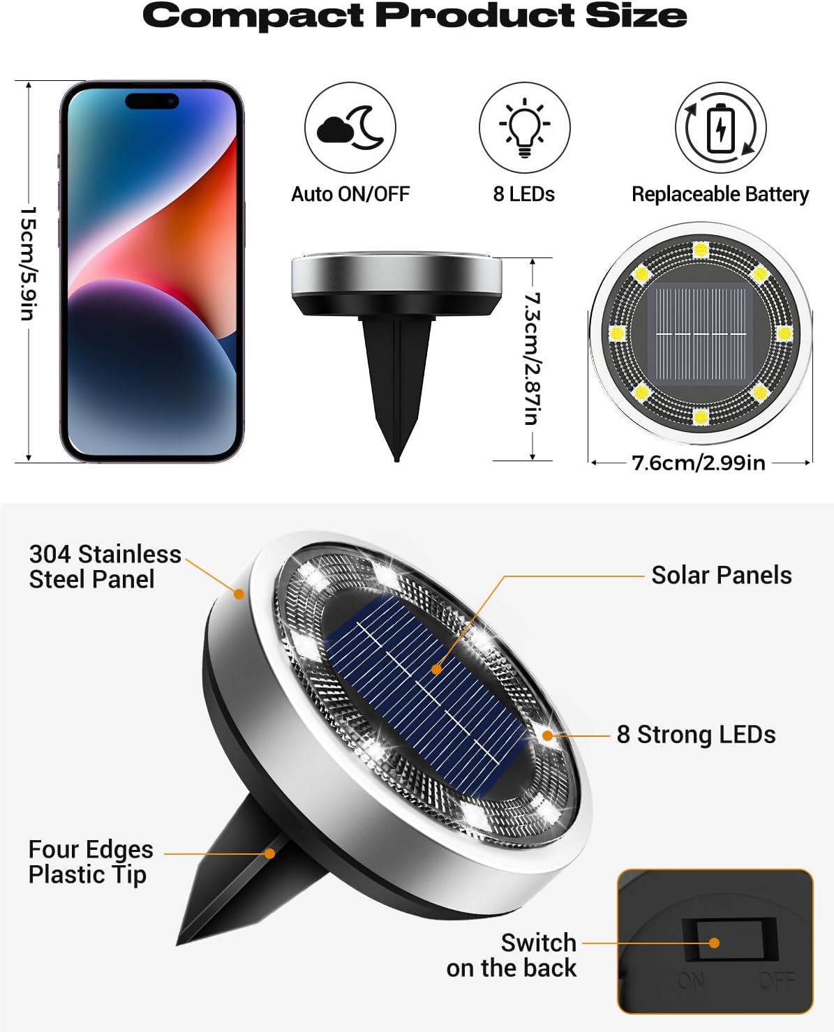 btfarm 16 Pack Solar Lights Outdoor, 8 LED Solar Ground Lights IP65 Wa