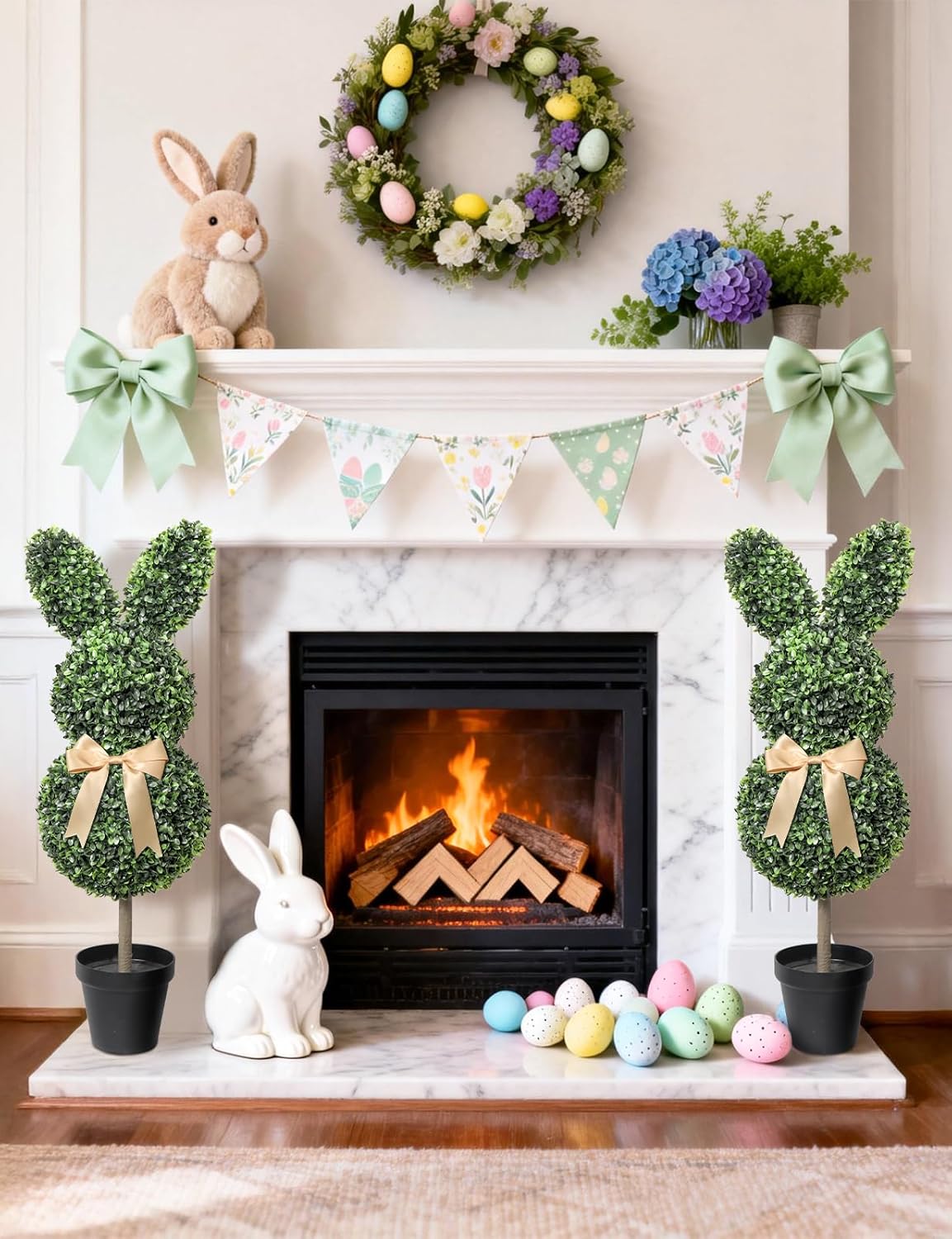 Artificial Bunny Shaped Topiary Tree with Bow, 2 Pcs Easter Rabbit Boxwood Topiaries Plant, 3 Ft Easter Decorations with Planter Pot, Spring Decor for Front Porch, Patio, Lawn, Backyard & Indoor Decor