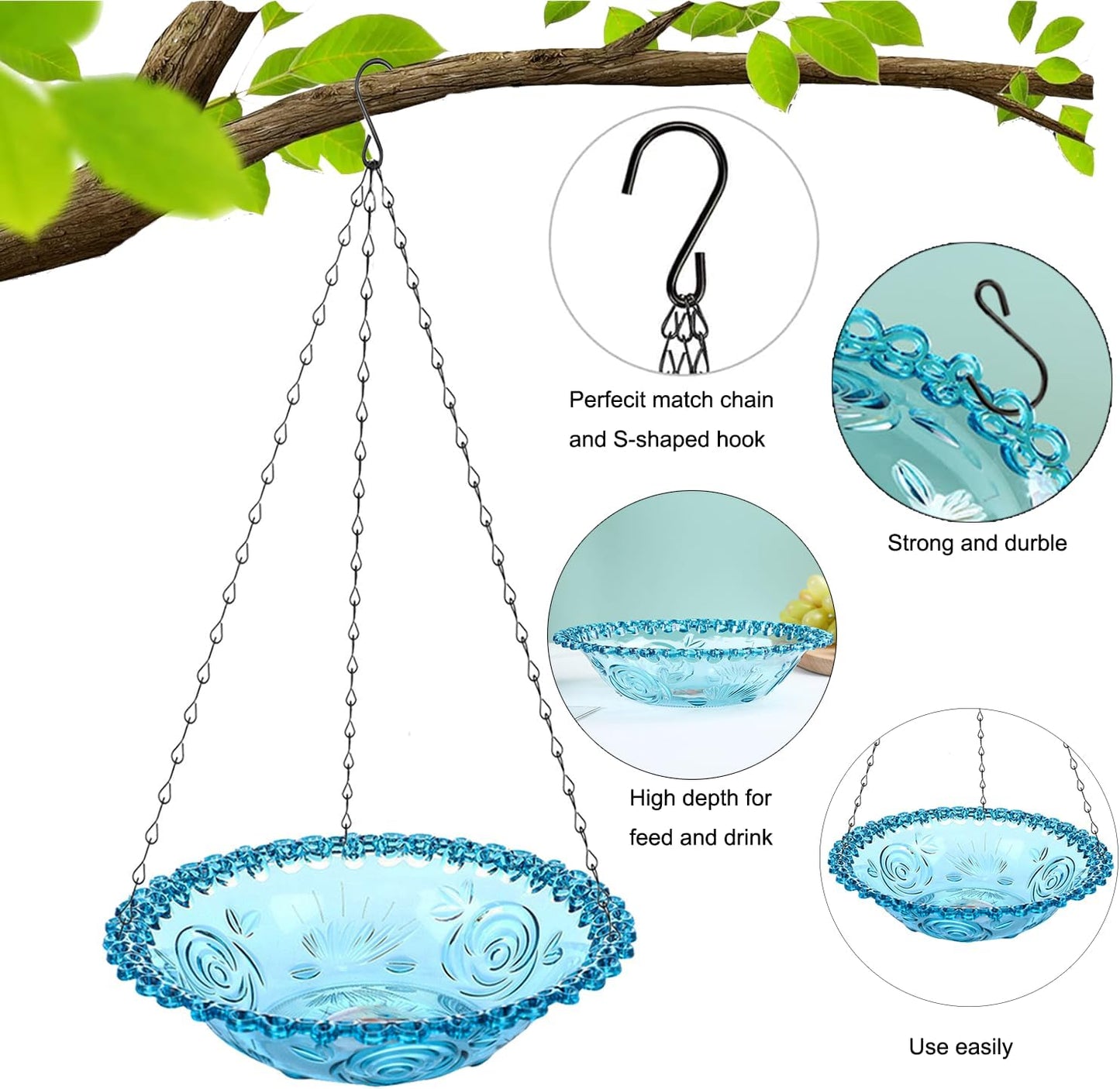 4 Pack Super Value Hanging Plastic Bird Baths and Feeders for Outdoors Bird Water Bowls and Seed Trays Set Attract Wild Birds Garden Yard Decor Gift (Blue Pink Gray Purple)