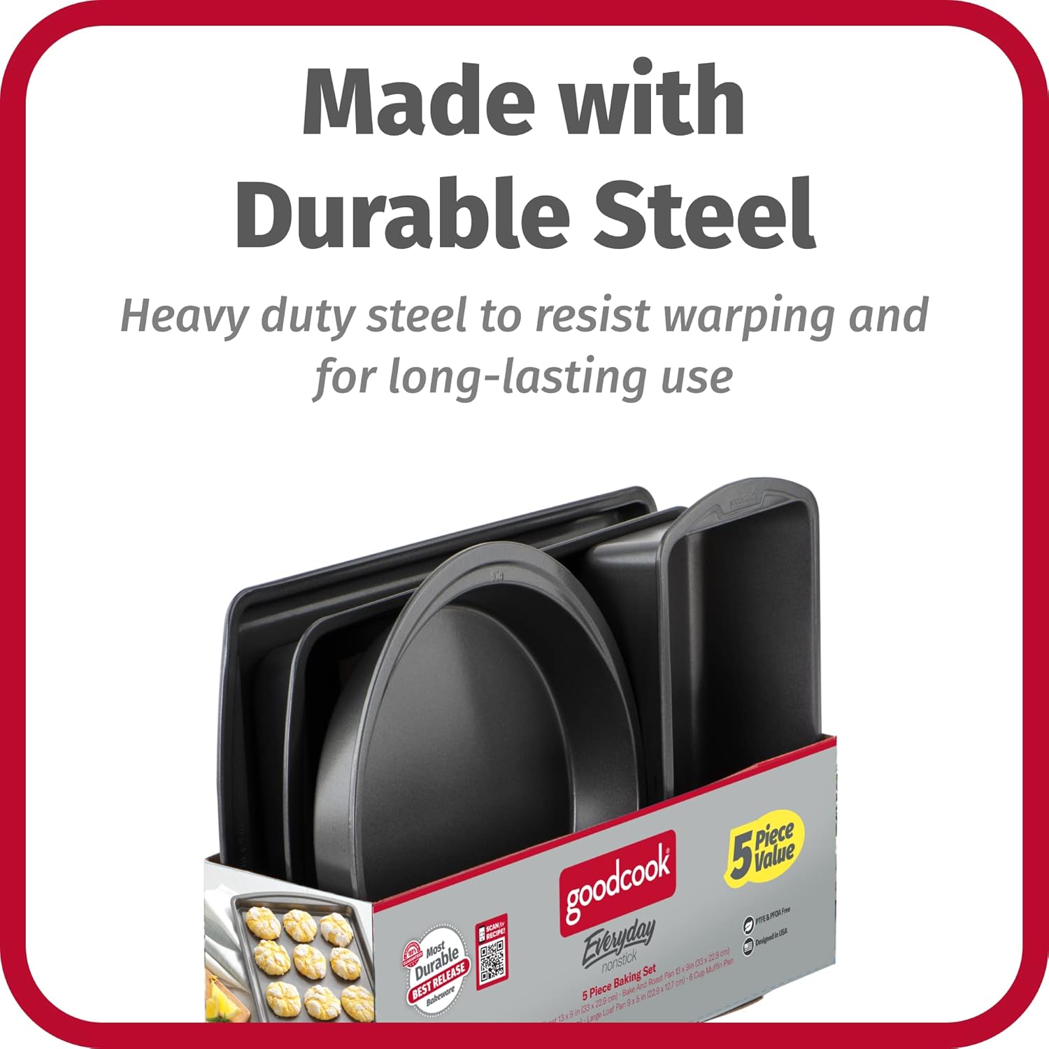 GoodCook Everyday Nonstick Steel 5-Piece Bakeware Set, Gray, Includes 