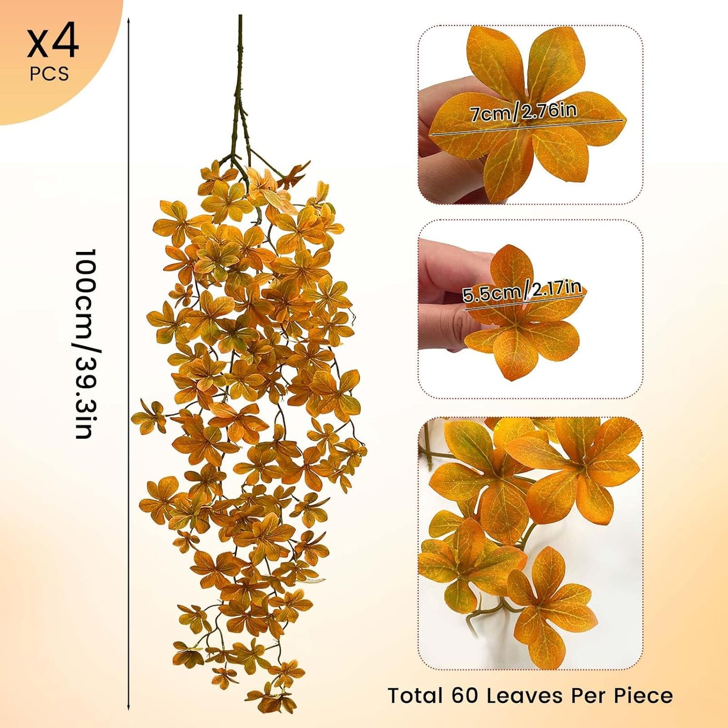 SNAIL GARDEN 4 Pack 240 Leaves Artificial Hanging Plants, 39.3” Fall Plant with Flower-Shaped Leaves, Detachable Stems for DIY Fall Decor, Indoor Outdoor Autumn Decorations for Home, Porch, Front Door