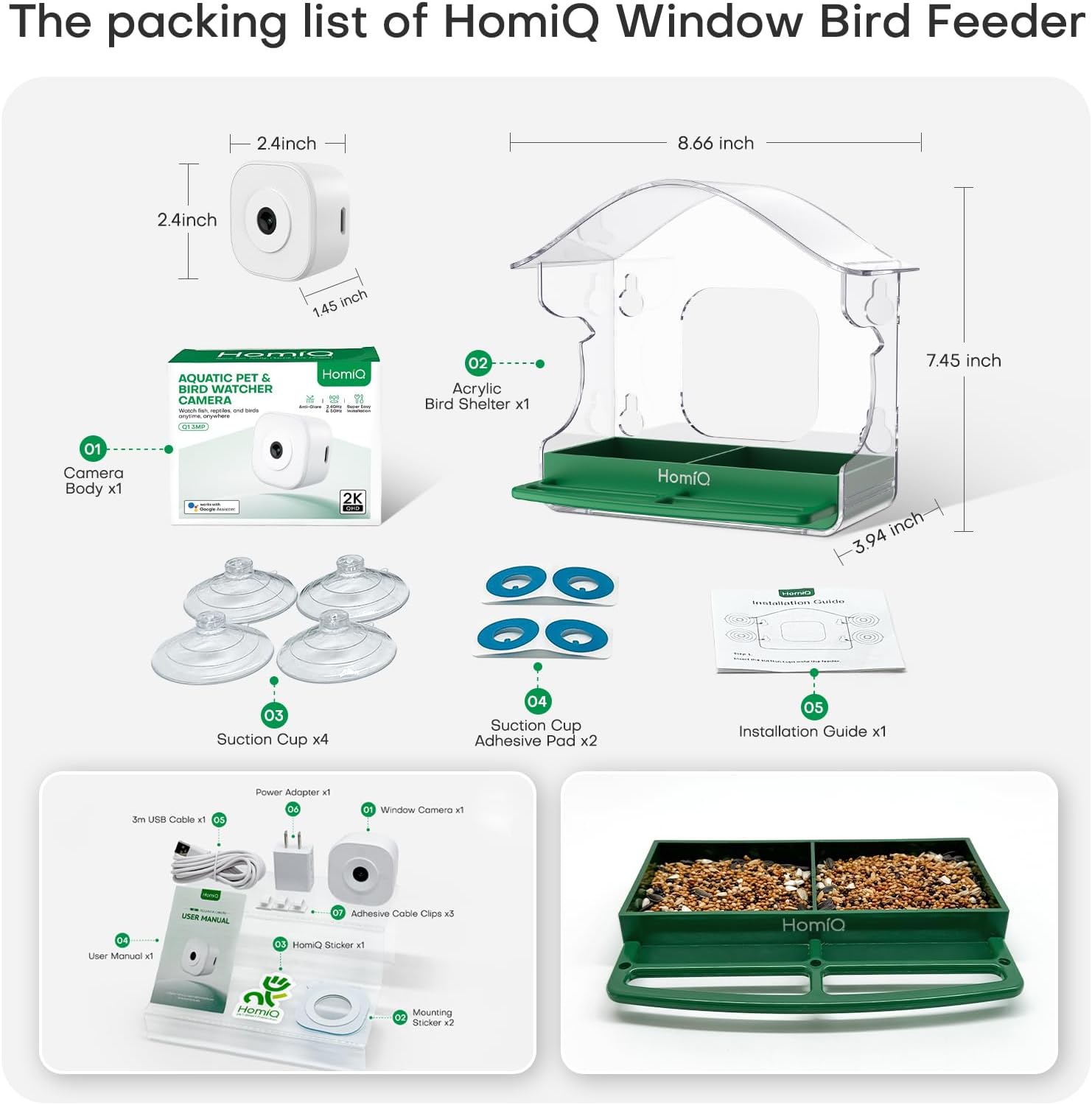 Smart Bird Feeder 2K HD 3MP Window Glass Camera Close-up, 2.4G &5Ghz W