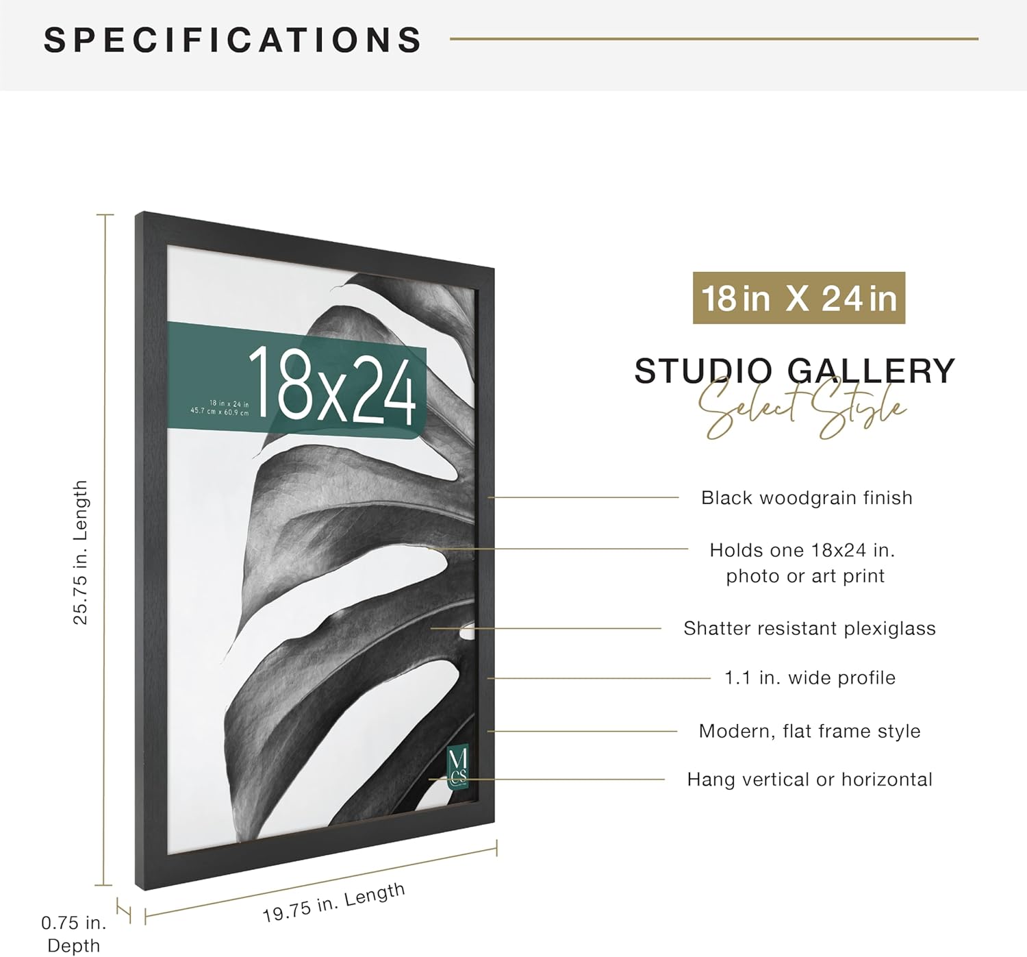MCS Studio Gallery 18x24 Poster Frame Black Woodgrain Engineered Wood,