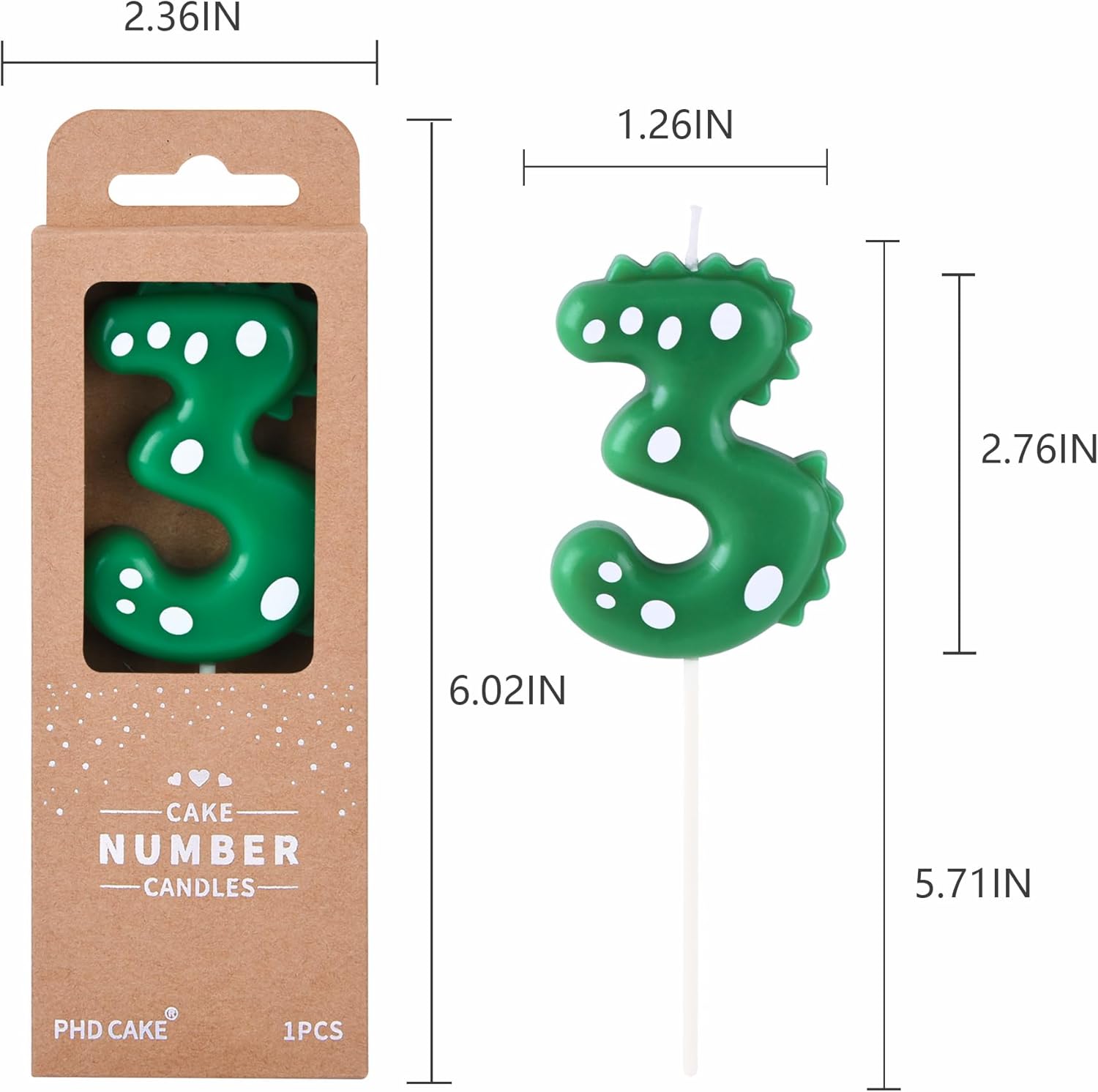 PHD CAKE 2.76 Inch Green Dinosaur 3 Number Birthday Candles, Dinosaur 