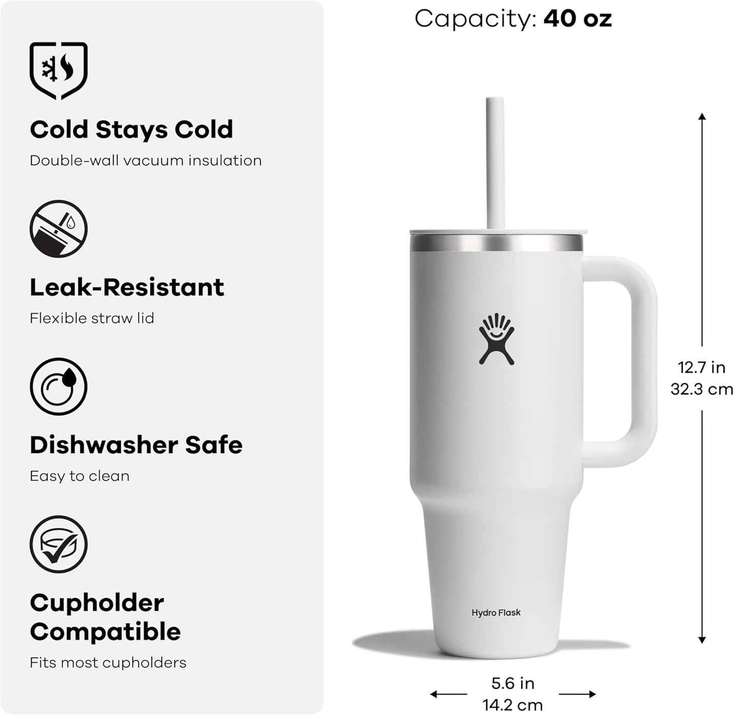 Hydro Flask Travel Tumbler with Handle, Lid and Straw - Insulated Stainless Steel in 40 Oz Ivory