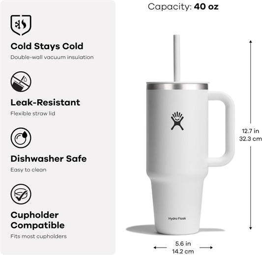 Hydro Flask Travel Tumbler with Handle, Lid and Straw - Insulated Stainless Steel in 40 Oz Ivory
