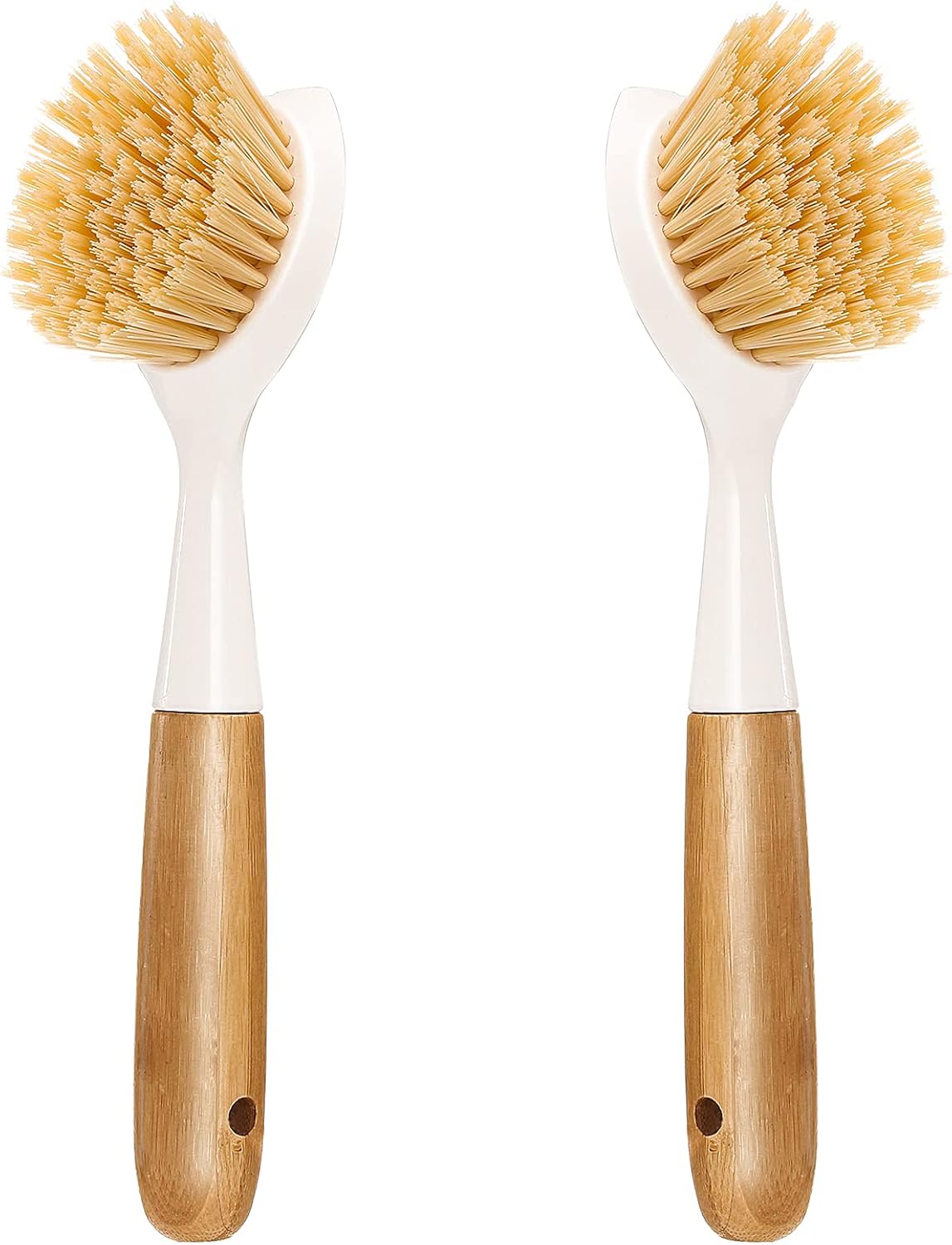 2 Pack Kitchen Dish Brush Bamboo Handle Dish Scrubber Built-in Scraper