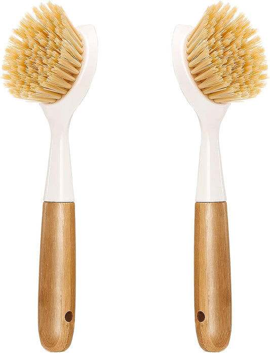 2 Pack Kitchen Dish Brush Bamboo Handle Dish Scrubber Built-in Scraper