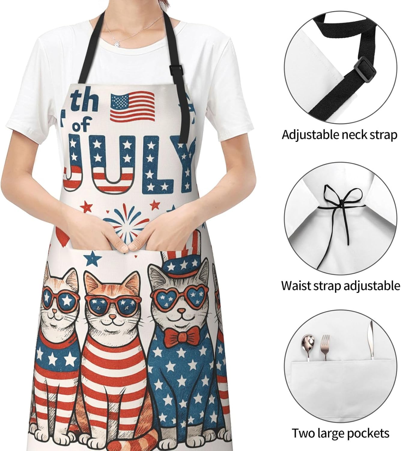 YANYU Patriotic Cats Print 28x33 In Kitchen Apron Stylish Chef Apron with Pockets for Cooking Baking Painting