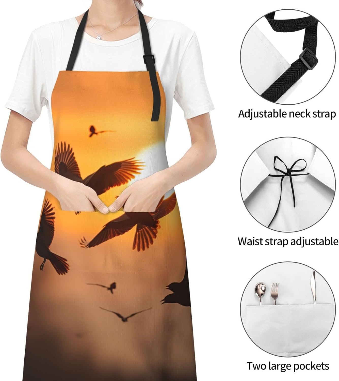 Birds Sunset print Waterproof apron with pocket adjustable cooking apron for adult kitchen bibs to bake