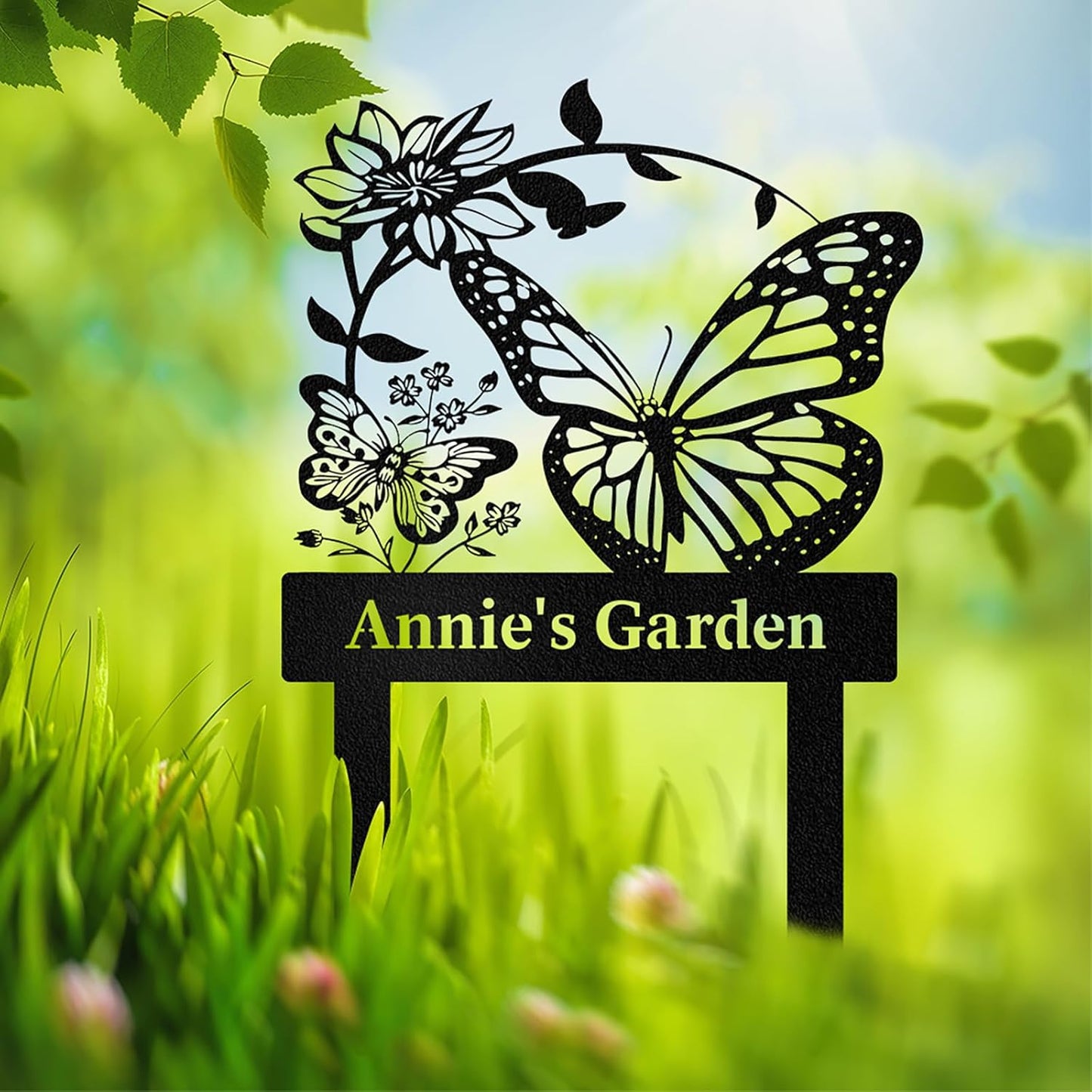 Personalized Garden Signs for Outdoor, Custom Butterfly Garden Sign with Stake Metal Waterproof, Customized Metal Name Sign, Patio Yard Decor Gardening Gift
