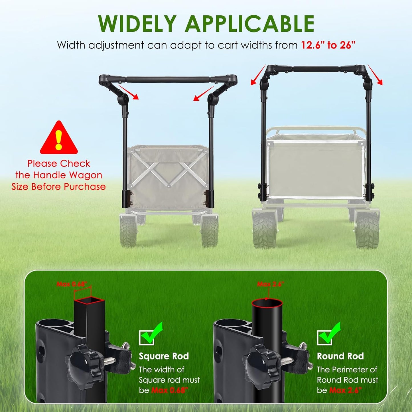 Adjustable Wagon Push Handle Attachment - Foldable Universal Push Pull Handle for Round/Square Frame Camping Wagons, Strollers, Beach Carts & Canopy Attachments with Stainless Steel Connectors