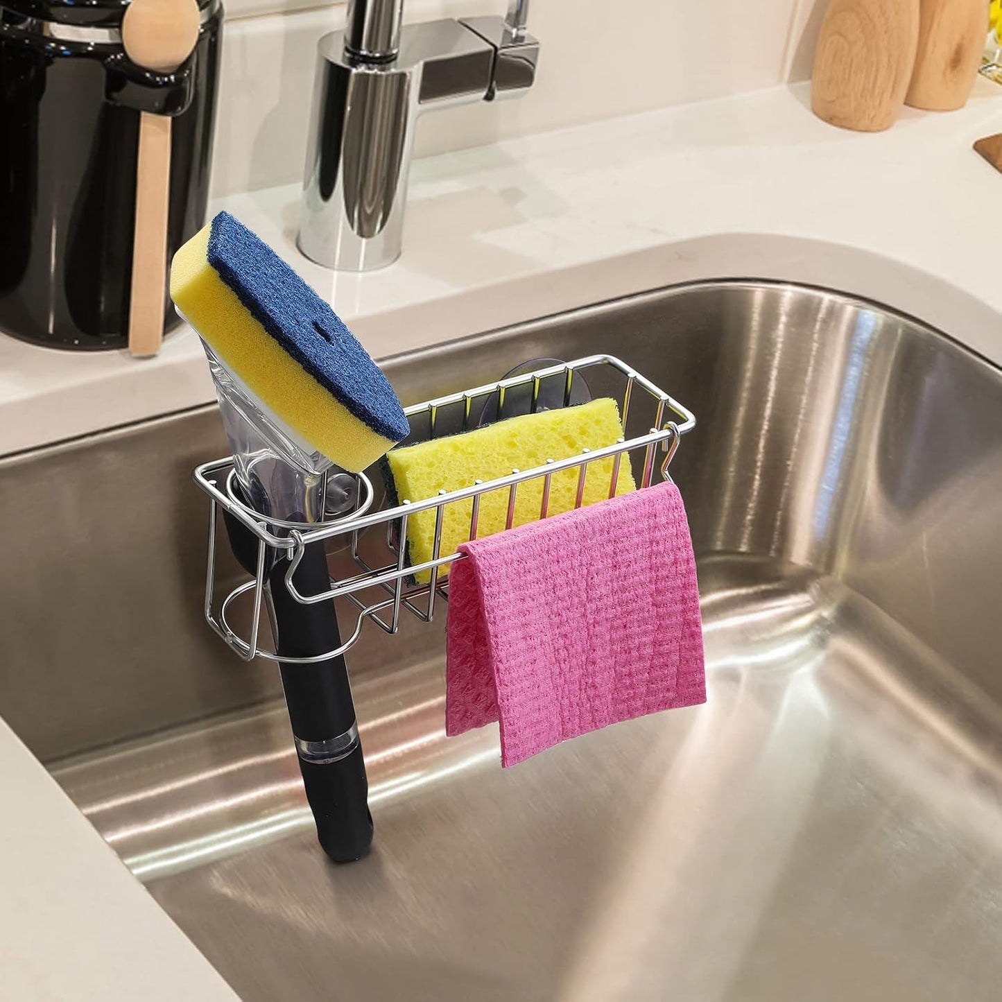 3-In-1 Sponge Holder for Kitchen Sink with Suction Cups & Adhesive Hoo
