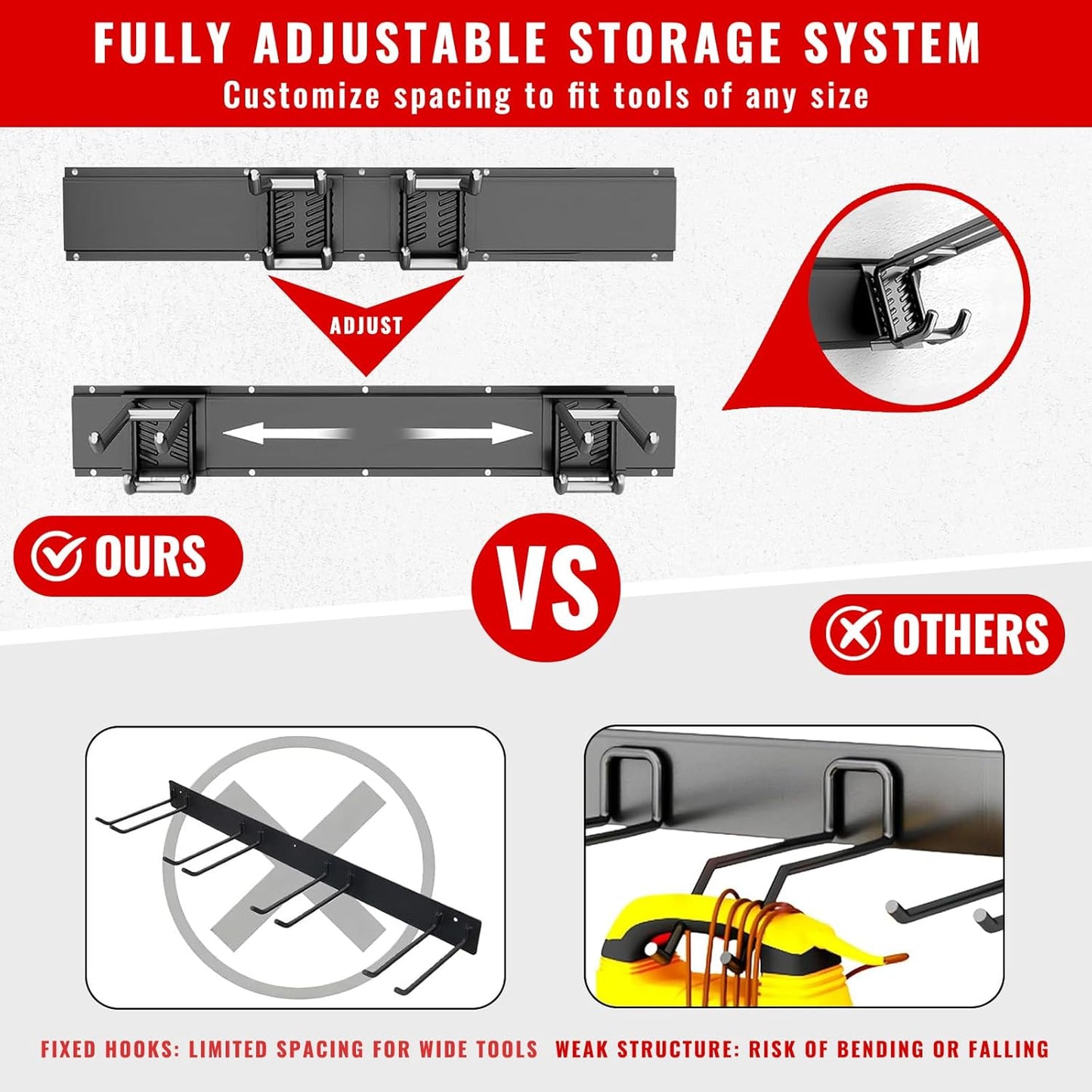 Garage Tool Organizer Wall Mount, Easy to 48inch Install Heavy-Duty Garage Storage System with 6 Adjustable Double Layer Hooks, Garden Tool Rack for Shovels, Rakes, Yard Tools