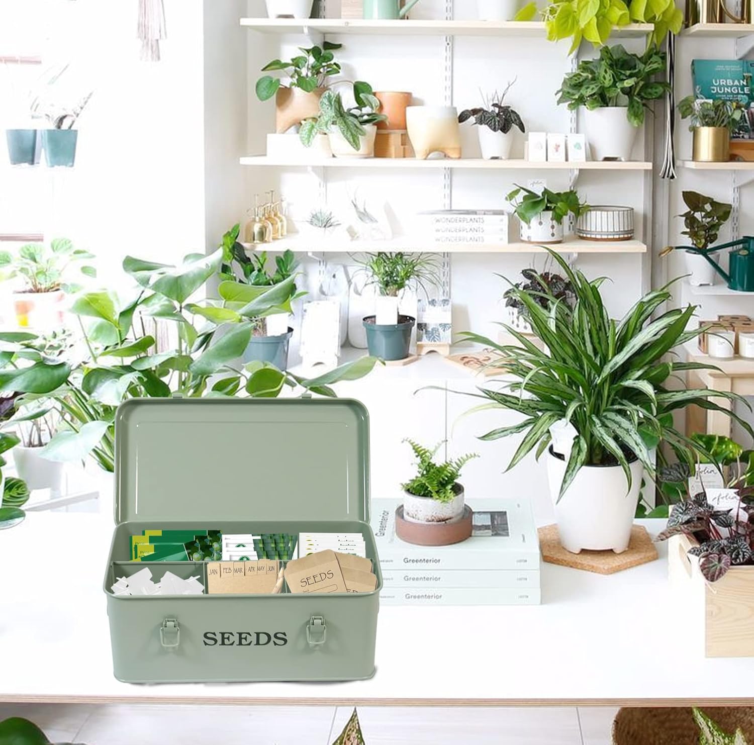 Seed Storage Box Metal Container Organizer, 4-Compartment Garden Seed 