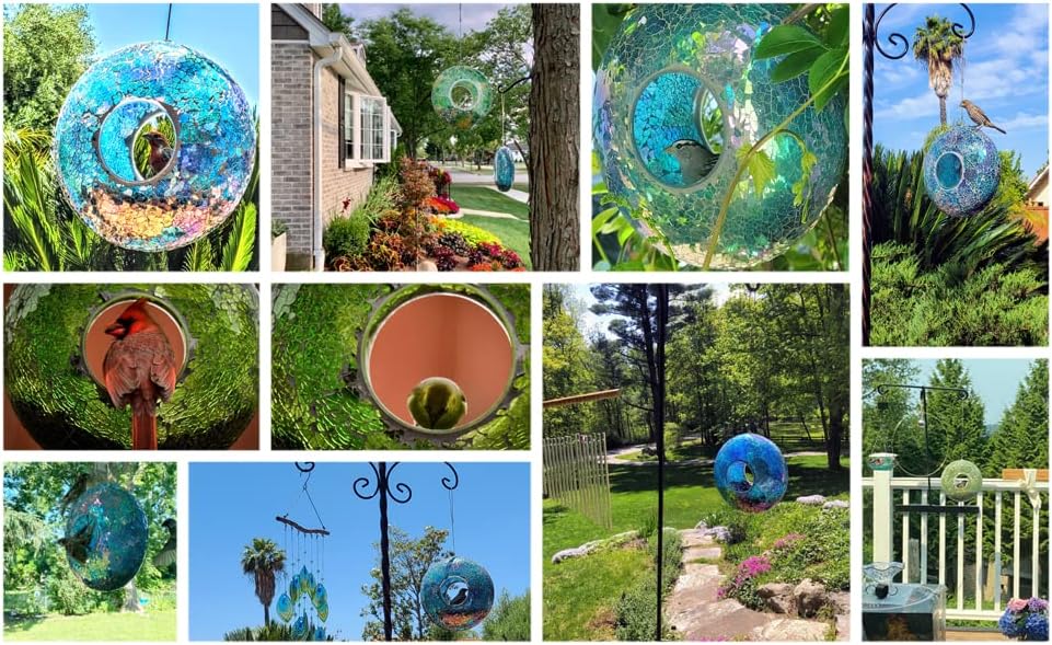 Topadorn Bird Feeder Fly Through Mosaic Round Stained-Glass Birdfeeder, Outdoor Hanging Blue Wild Bird Feeder for Garden Decoration Gift, 9''L