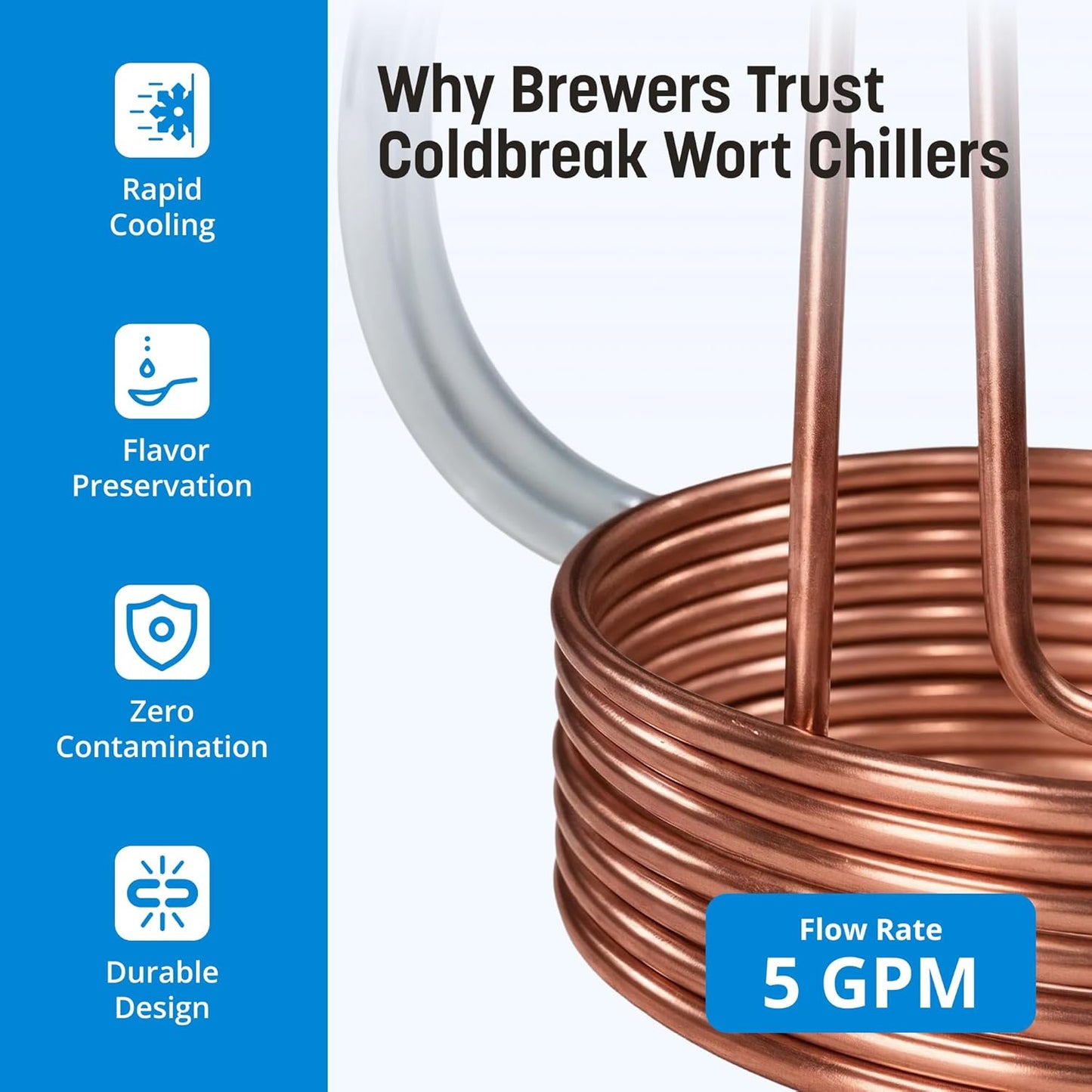 Coldbreak 12.5Ft. Wort Chiller with Copper Coil - Compact and Basic Immersion Beverage Chiller and Beer Brewing Equipment - 2pcs of 4Ft. Vinyl Tubing, Garden Hose Fitting, and Hose Clamps Included