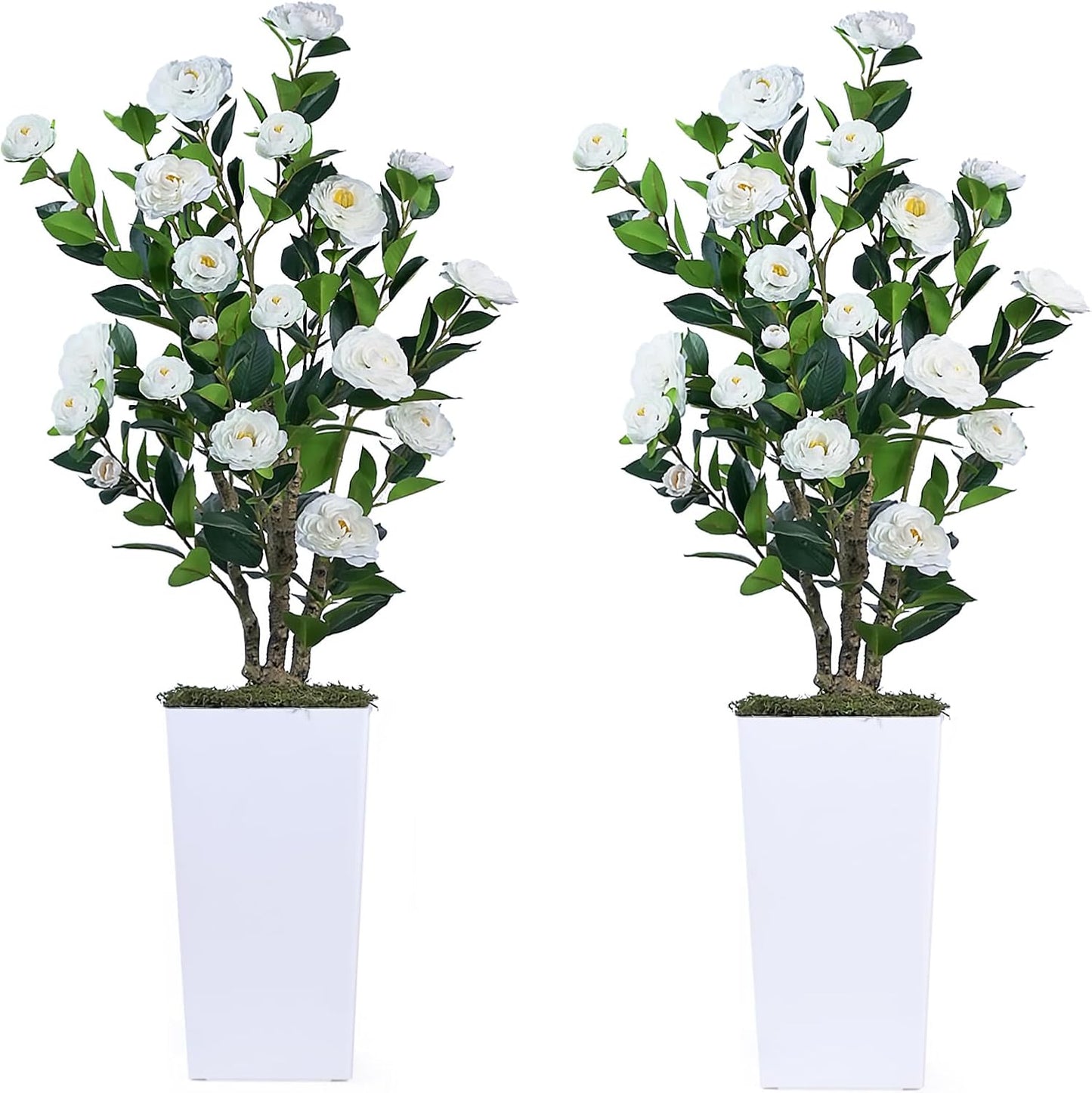 2Pack Artificial Camellia Tree with White Tall Planter – 4FT Faux Camellia Plant in Pot with White Flowers, Greenery Potted Plant for Indoor Outdoor Office Home Porch Decor