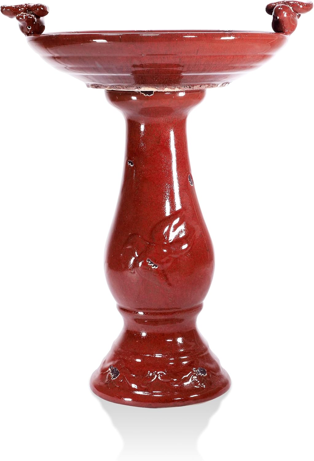 Alpine Corporation 25" Tall Outdoor Antique Ceramic Birdbath with 2 Bird Figurines - Vintage Style Garden Bird Bath Bowl for Patio, Yard, Lawn Decor, Red
