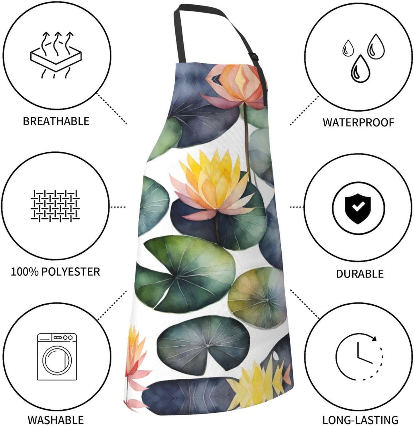 Black Lily Pads 1 print Waterproof chef's apron with pocket apron for kitchen cooking baking barbecue and gardening