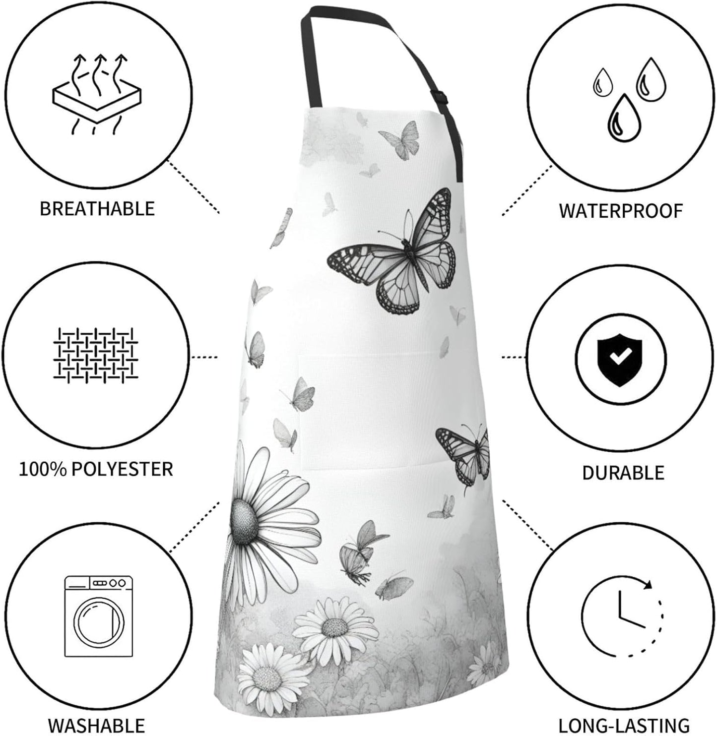 YANYU Butterfly Daisy Print 28x33 In Kitchen Apron Stylish Chef Apron with Pockets for Cooking Baking Painting