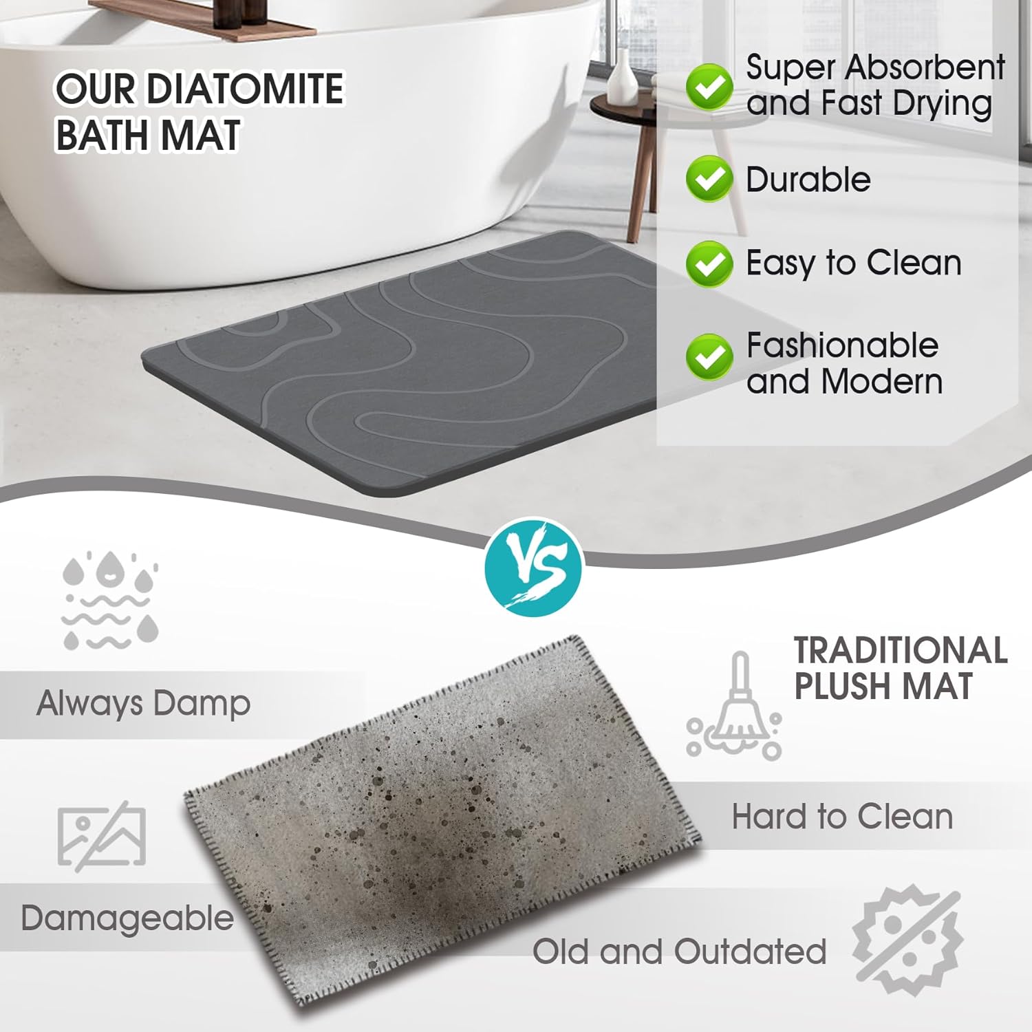 Stone Bath Mat Diatomaceous Earth Shower Mat Non-Slip Super Absorbent 