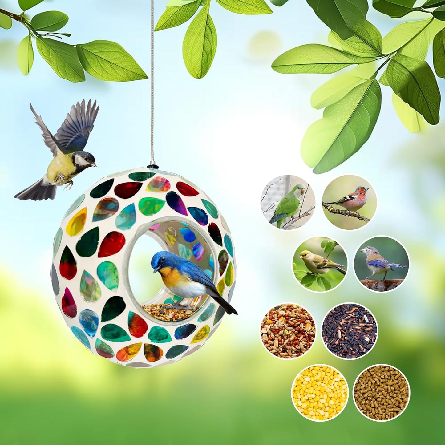 Hanging Bird Feeders for Outdoor Glass Mosaic Fly Through Wild Bird Feeder Round Shape Birdfeeder for Outside Garden Yard Patio Decoration White