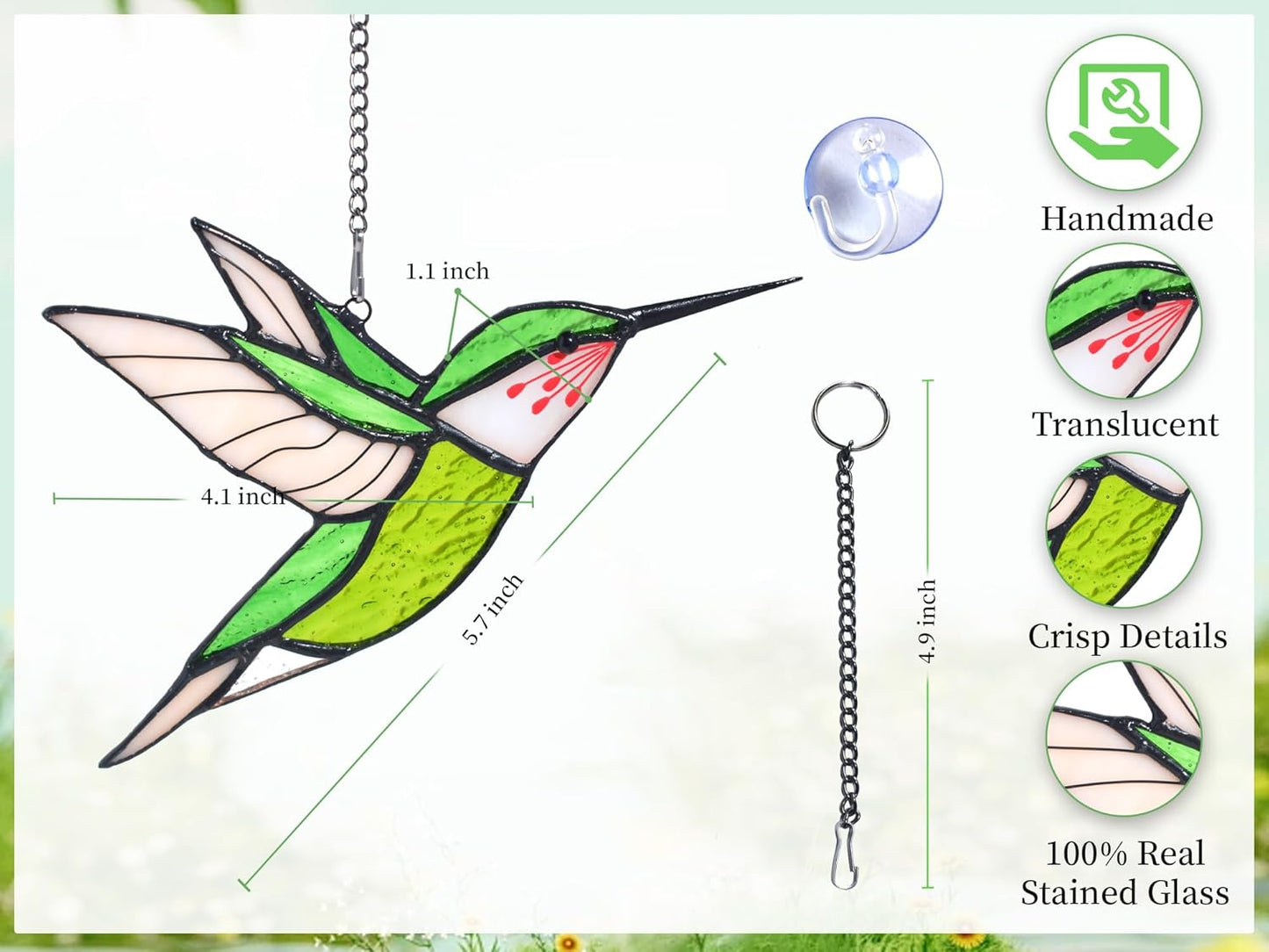 Lolitarcrafts Hummingbird Stained Glass Window Hangings Bird Stained Glass Suncatchers Hummingbird Gifts for Mom,Bird Lovers (Green)