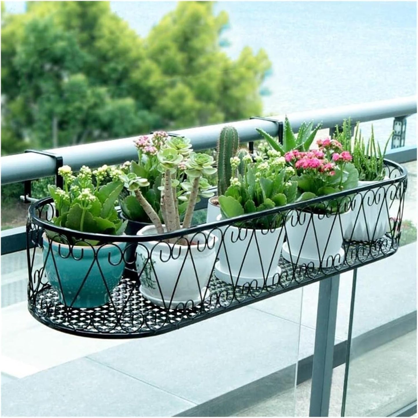 Railing Planter Box - Decorative Fence Planters for Flowers, Hanging Shelf and Potted Plant Stand, Outdoor Balcony Garden Decor, Ideal for Home and Patio